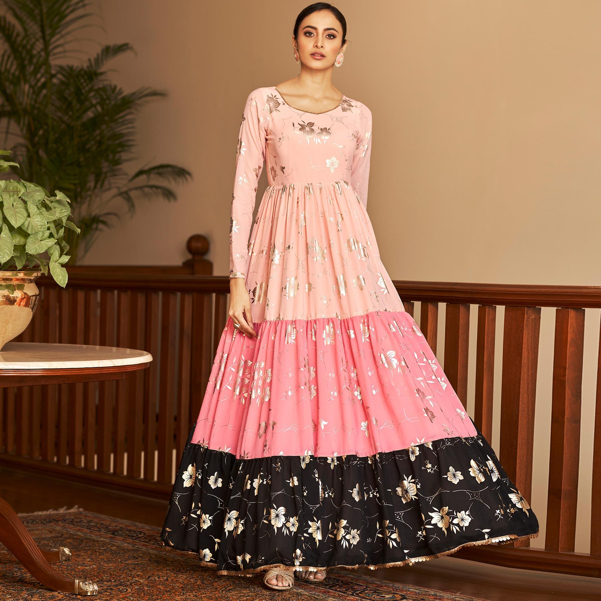 Peach Partywear Metallic Foil Work Georgette Gown - Peachmode