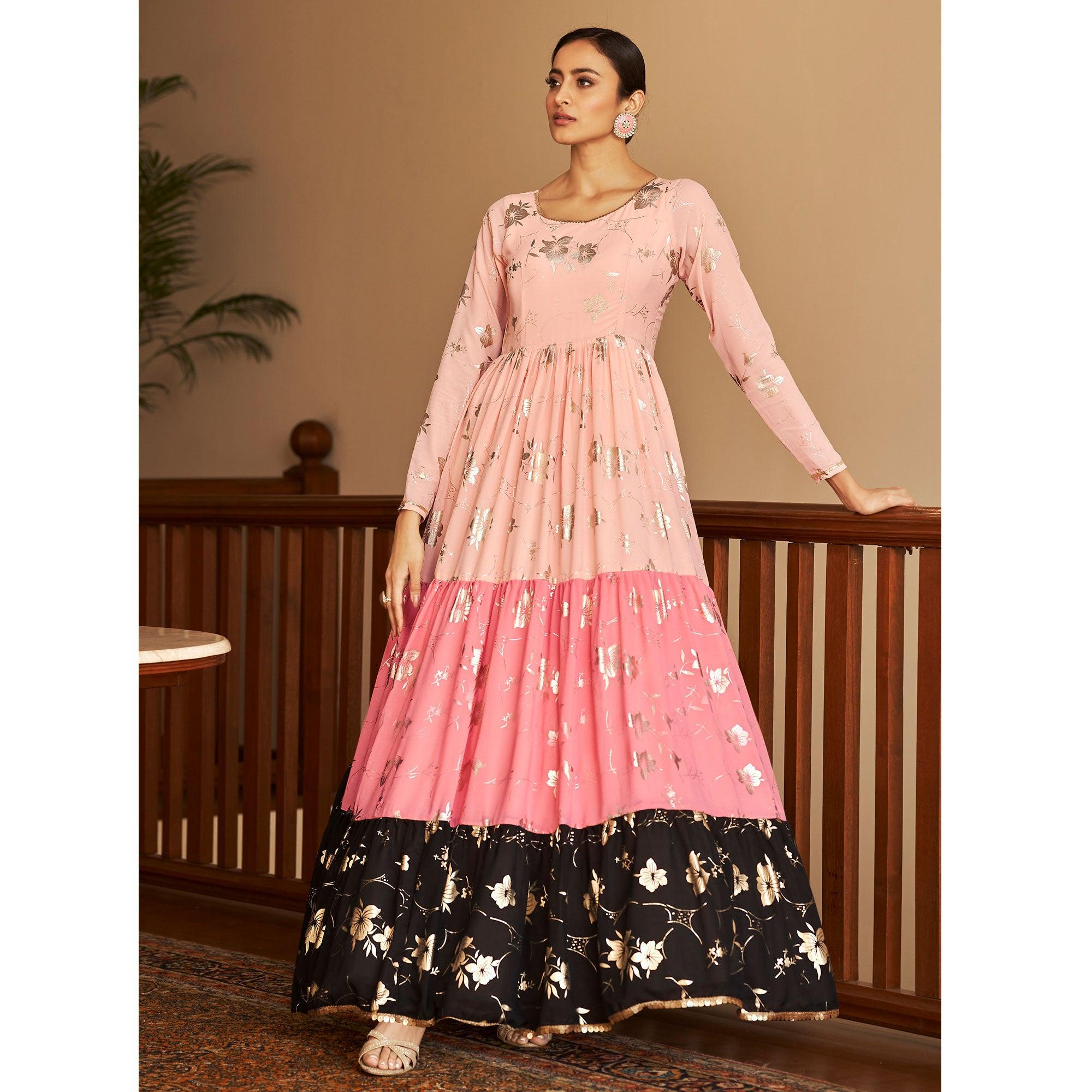 Peach Partywear Metallic Foil Work Georgette Gown - Peachmode