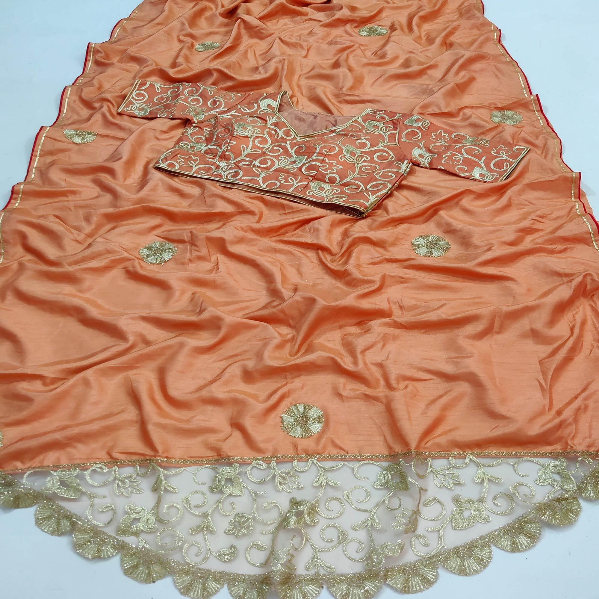 Peach Partywear Mukeish Embroidery Dola Silk Saree - Peachmode