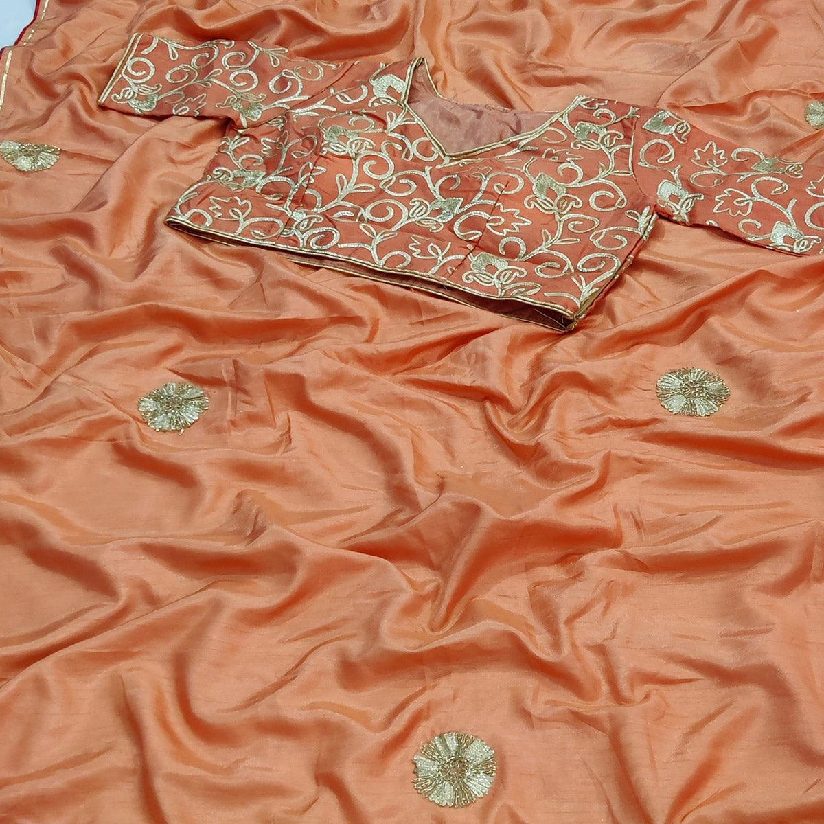 Peach Partywear Mukeish Embroidery Dola Silk Saree - Peachmode