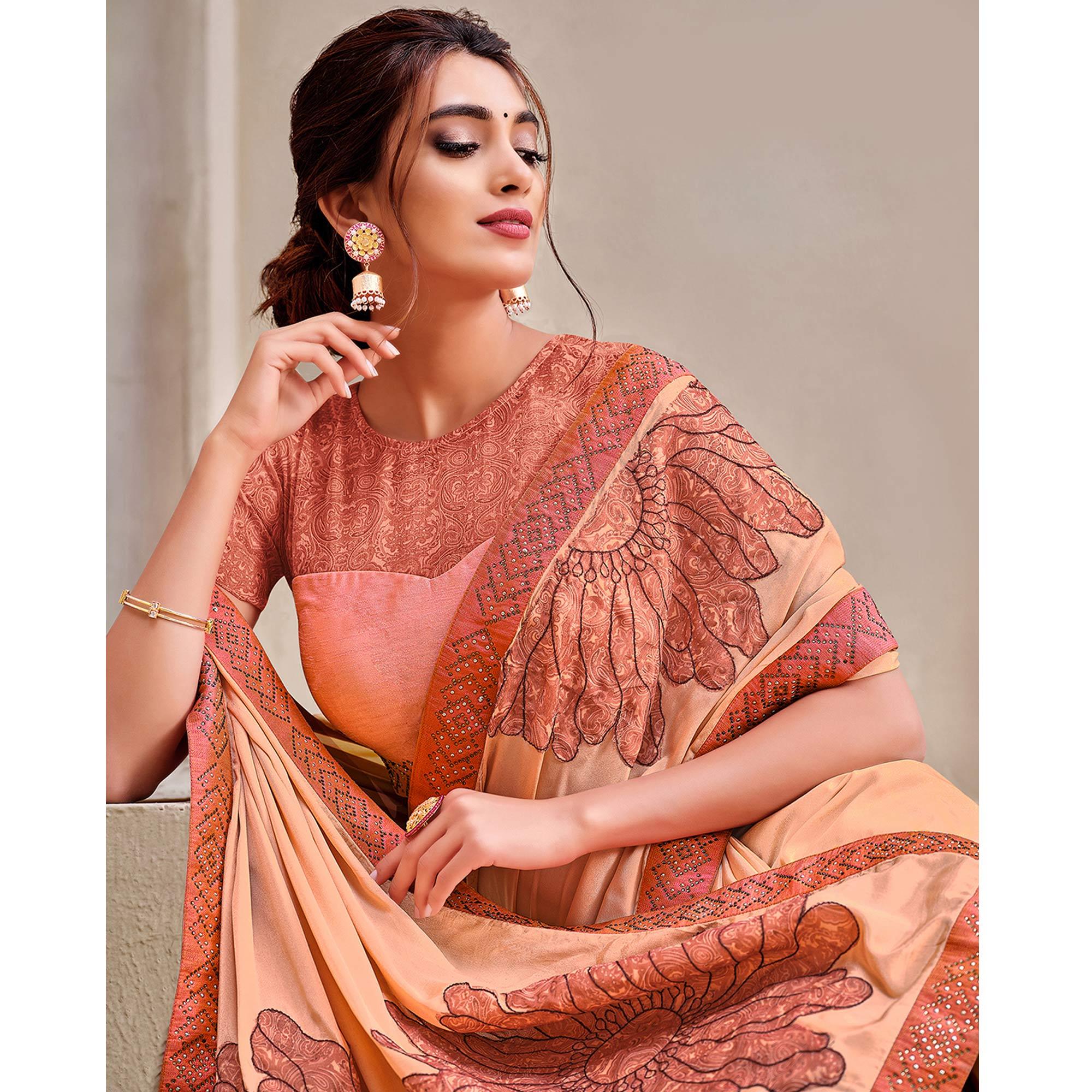 Peach Partywear Printed Sequence Georgette Saree - Peachmode