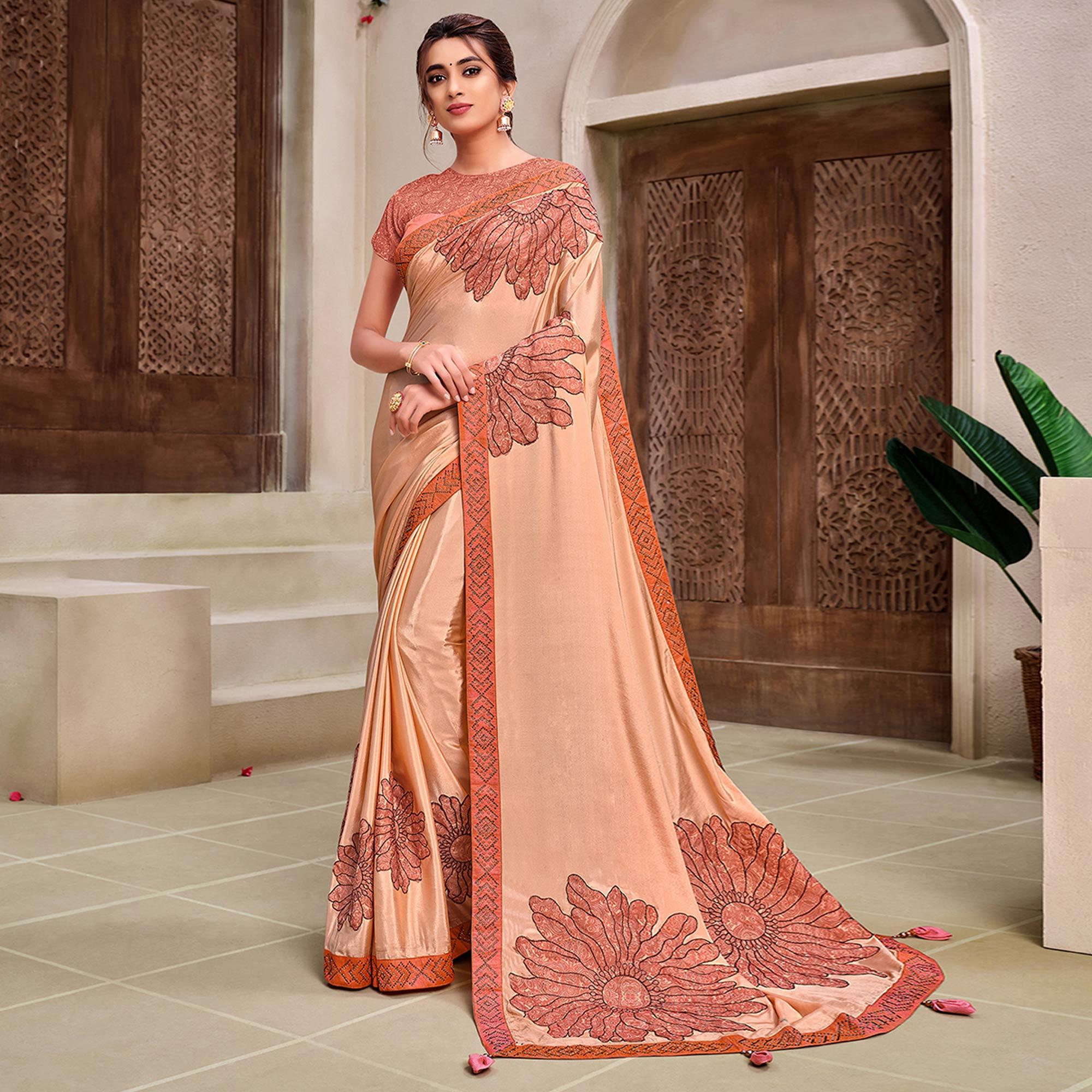 Peach Partywear Printed Sequence Georgette Saree - Peachmode