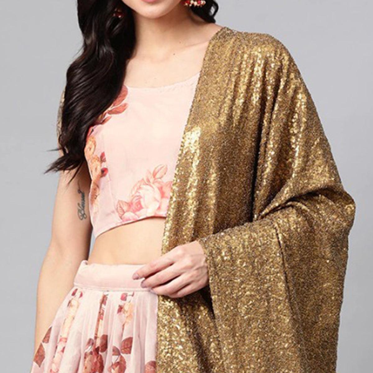 Peach Partywear Printed Sequence Pure Organza Lehenga Choli - Peachmode