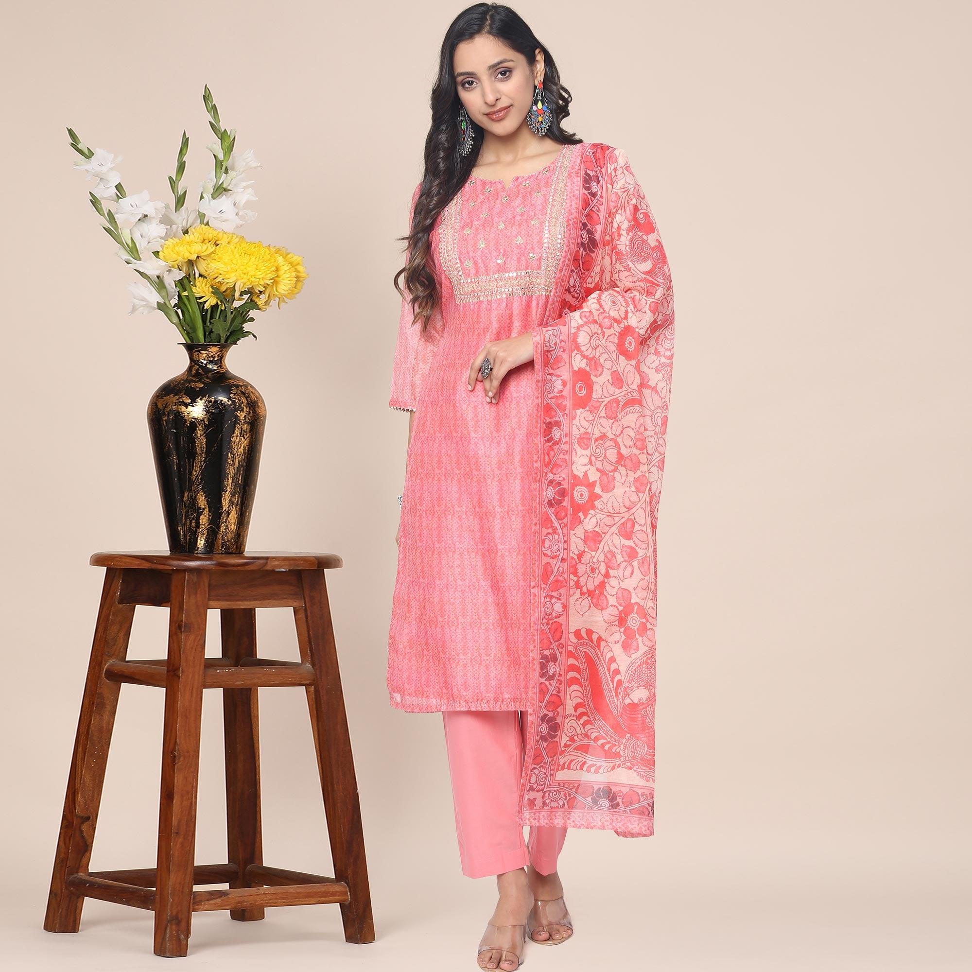 Peach Partywear Printed With Gotta Patti Cotton Silk Kurti Pant Set With Dupatta - Peachmode