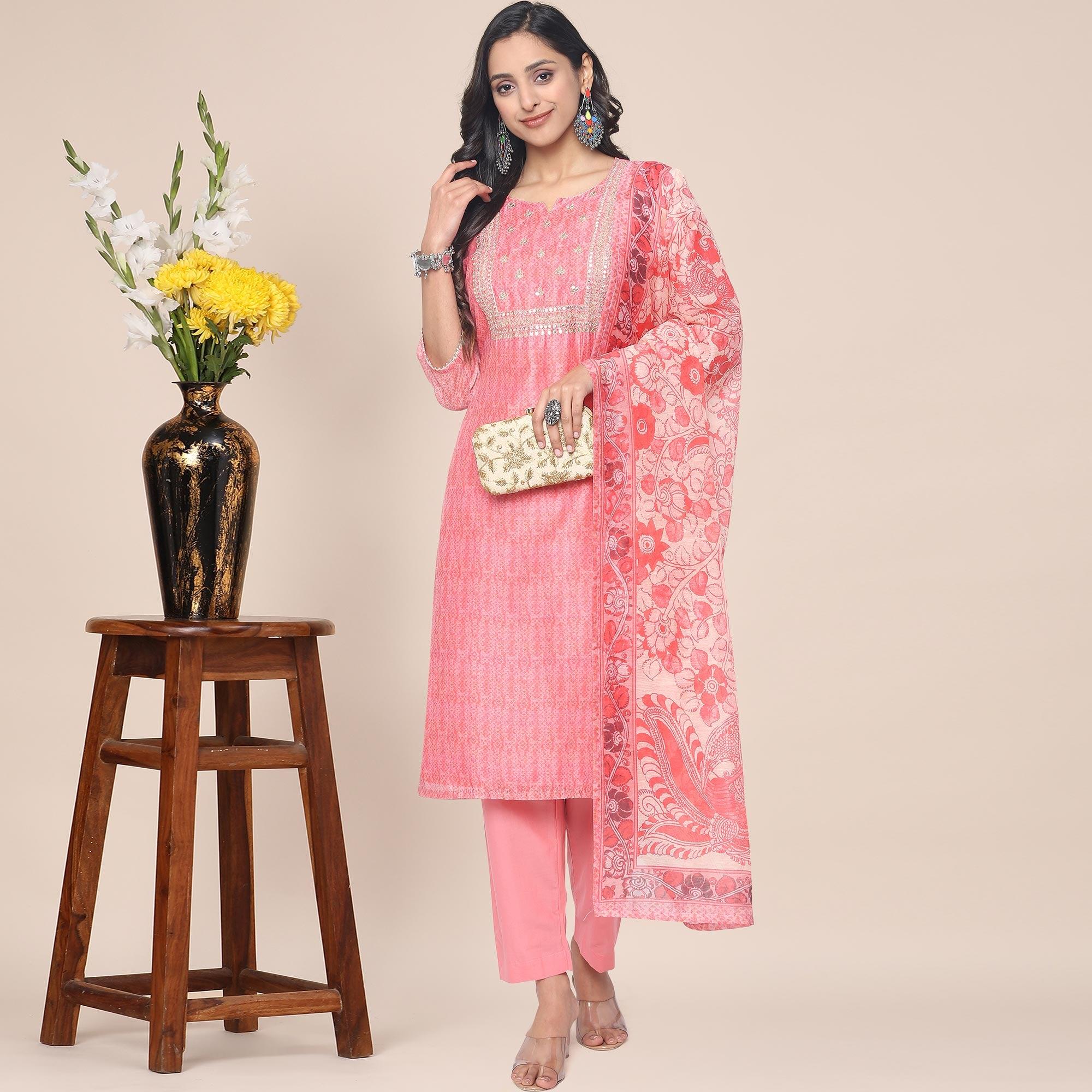 Peach Partywear Printed With Gotta Patti Cotton Silk Kurti Pant Set With Dupatta - Peachmode