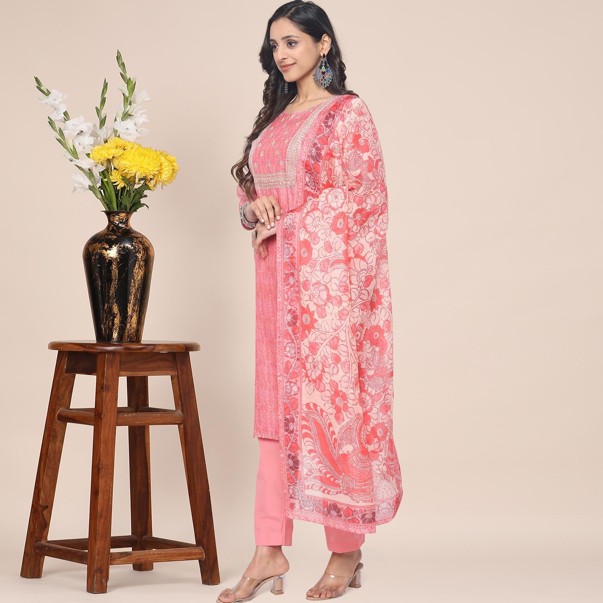 Peach Partywear Printed With Gotta Patti Cotton Silk Kurti Pant Set With Dupatta - Peachmode
