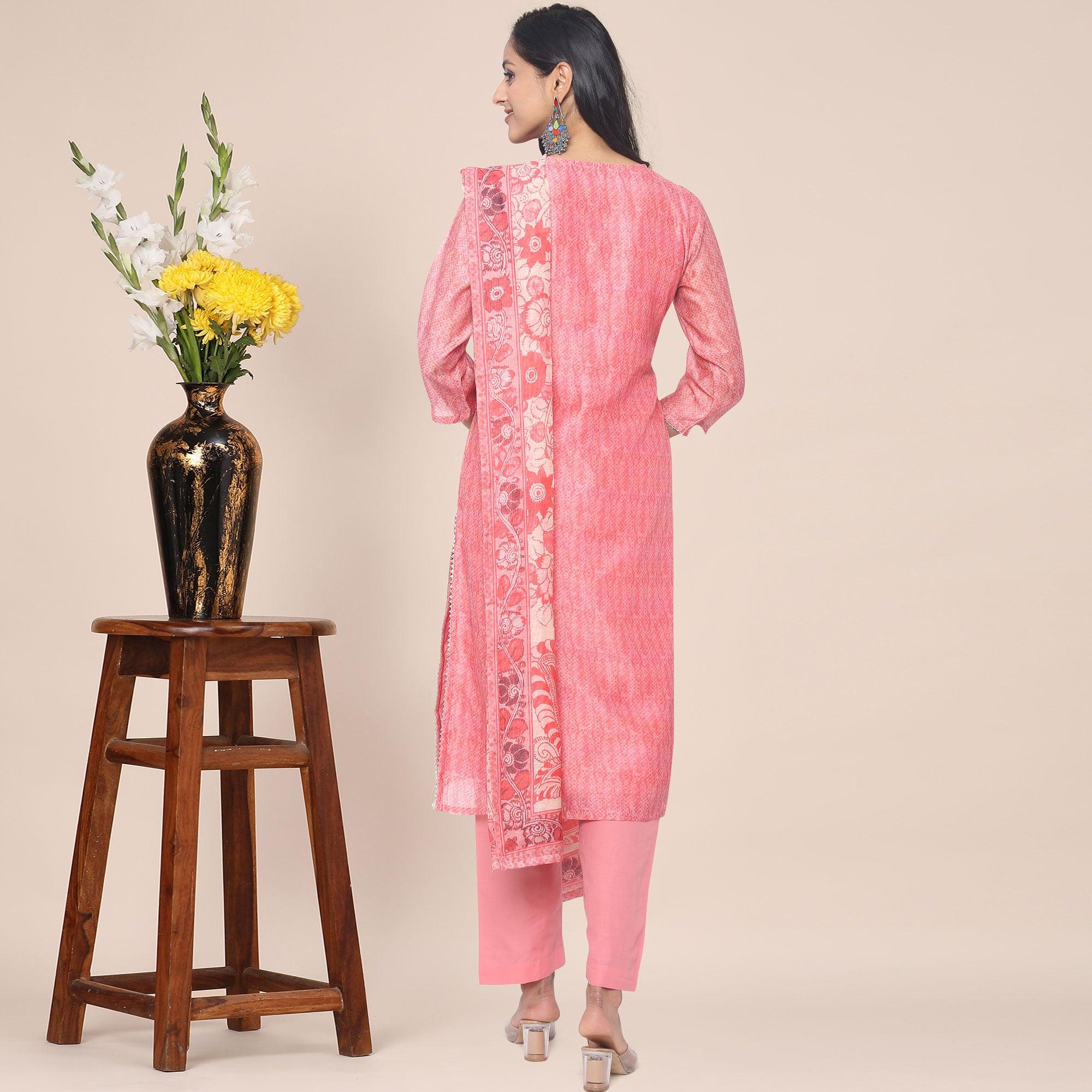 Peach Partywear Printed With Gotta Patti Cotton Silk Kurti Pant Set With Dupatta - Peachmode