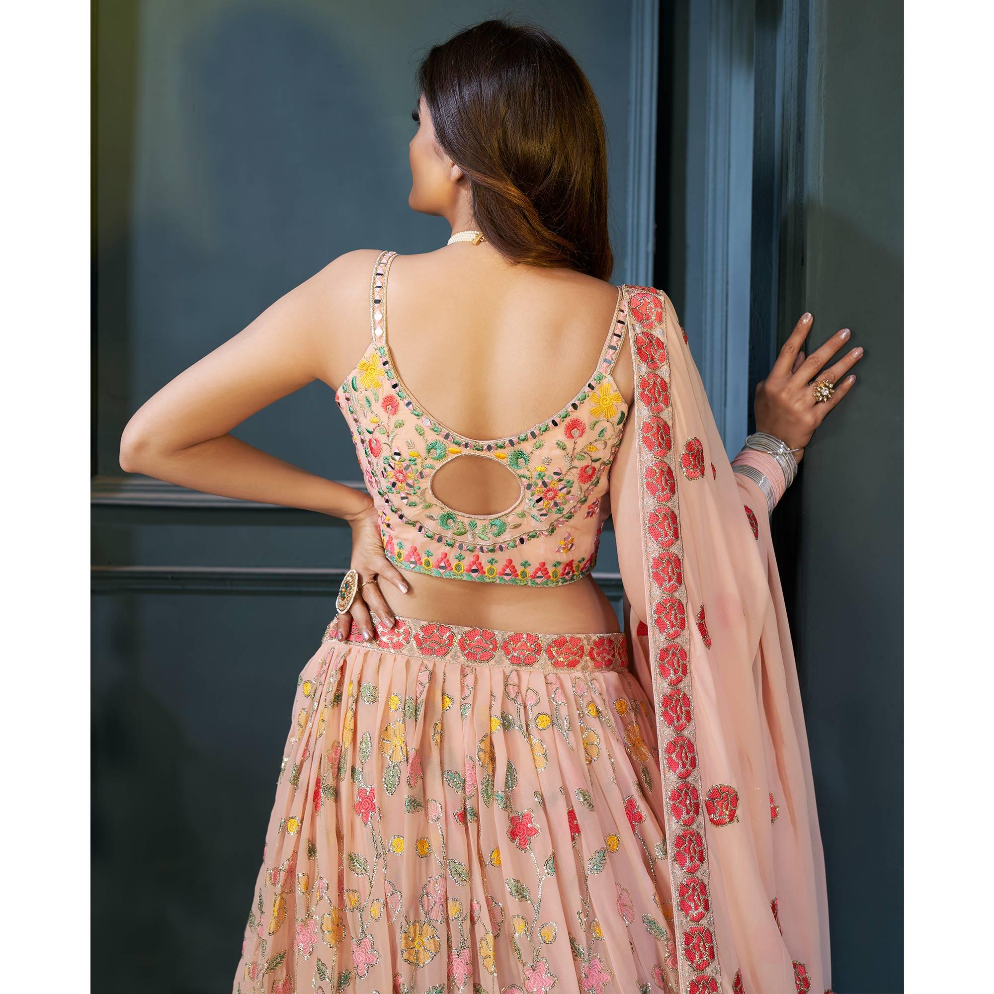Peach Partywear Resham Sequence Georgette Lehenga Choli - Peachmode
