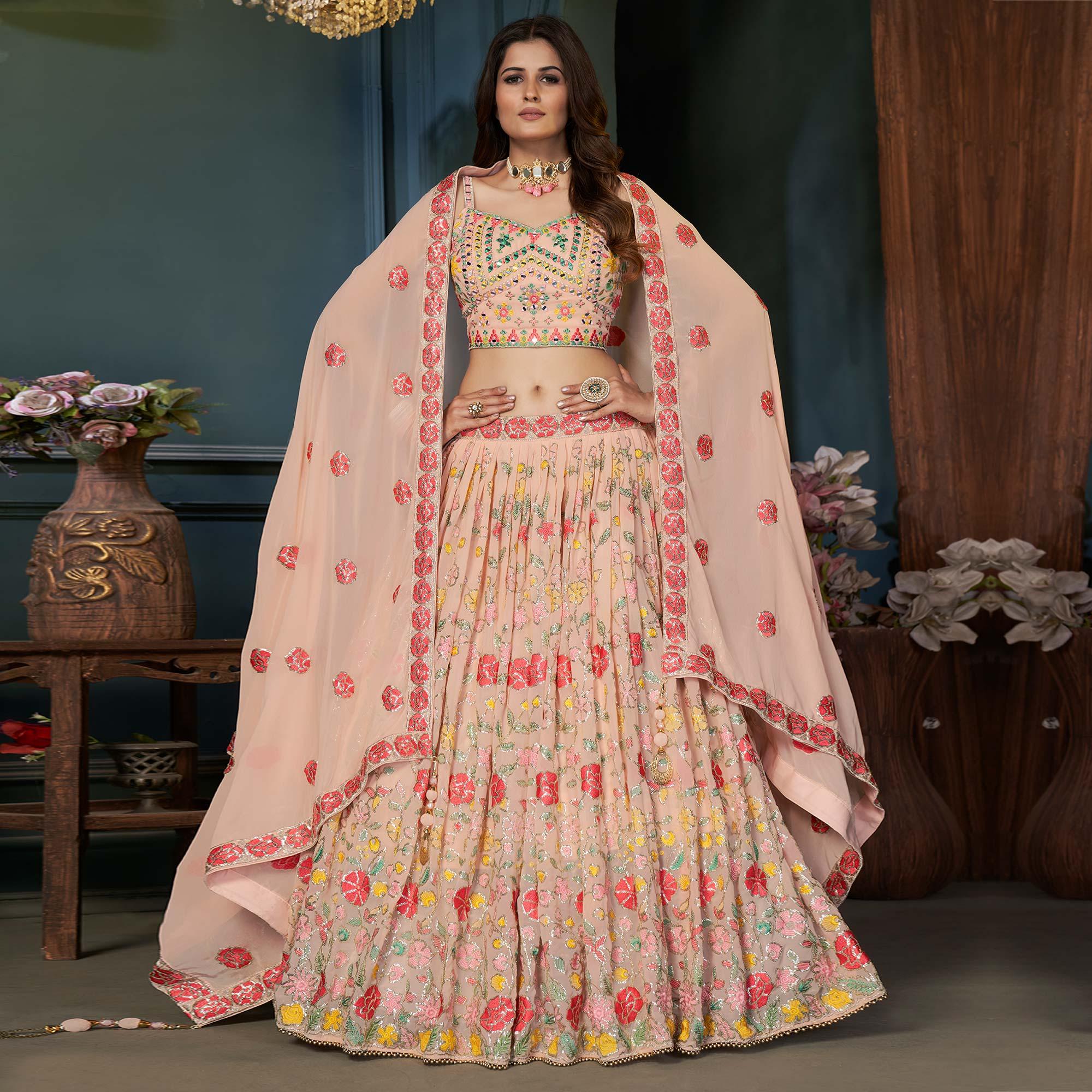 Peach Partywear Resham Sequence Georgette Lehenga Choli - Peachmode