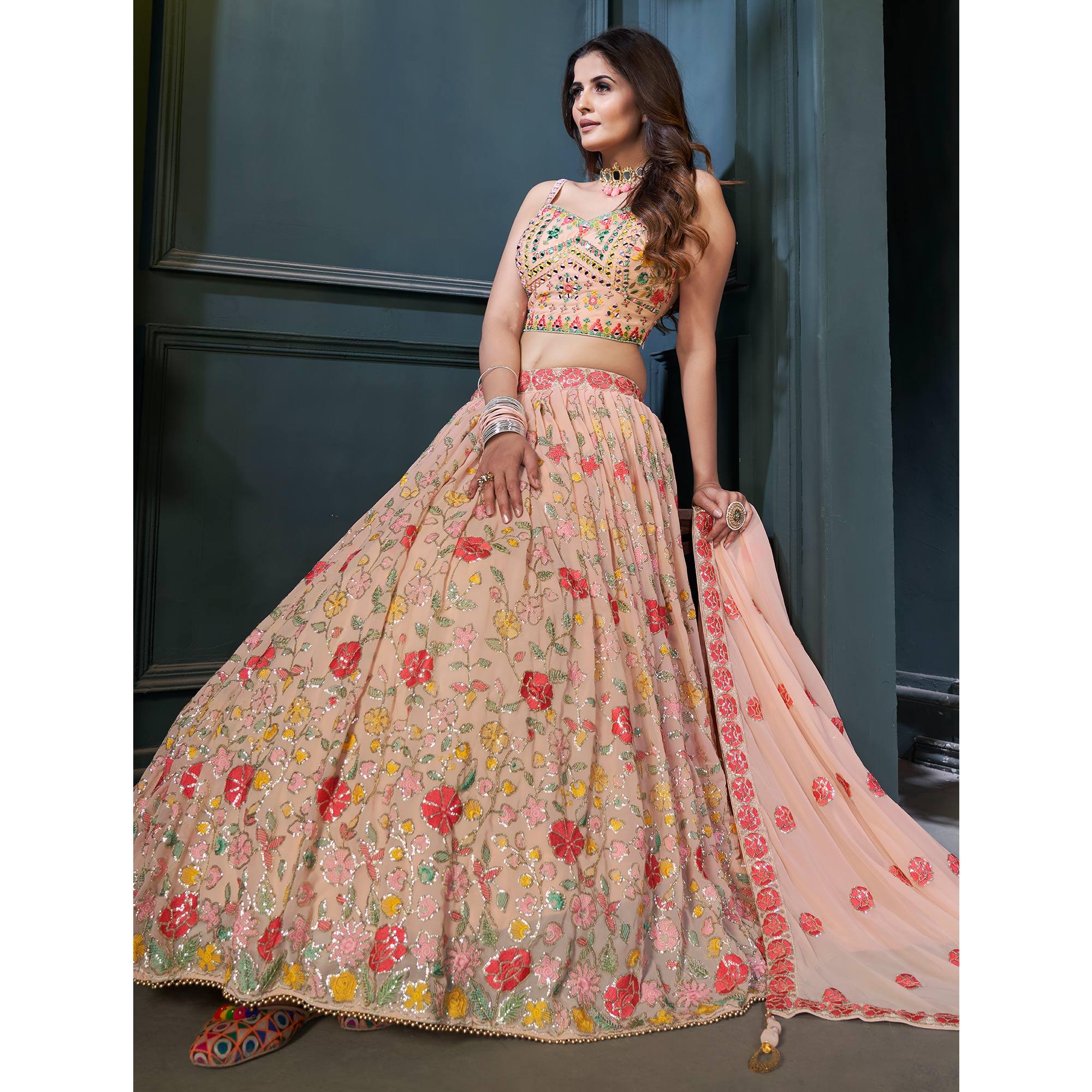 Peach Partywear Resham Sequence Georgette Lehenga Choli - Peachmode