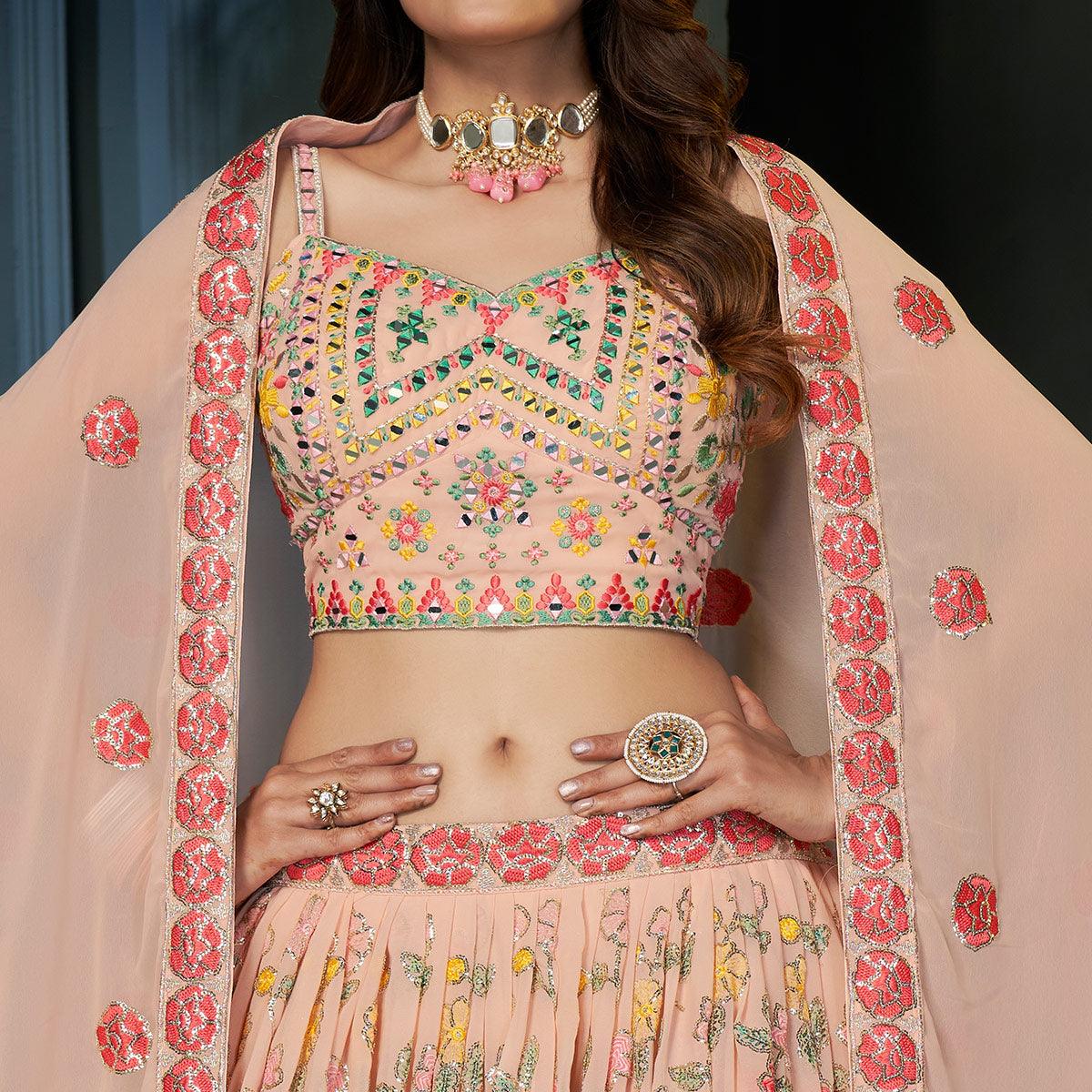 Peach Partywear Resham Sequence Georgette Lehenga Choli - Peachmode