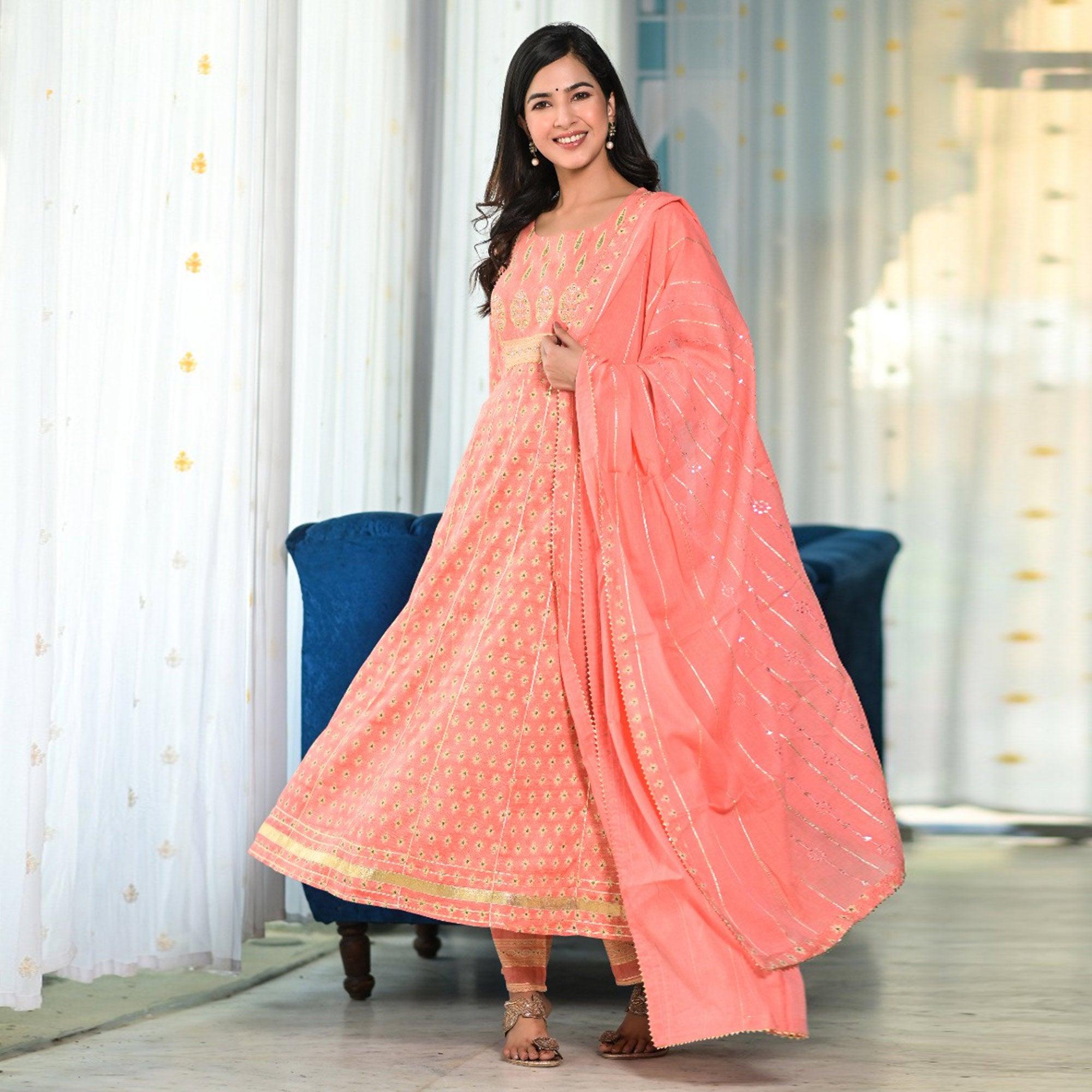 Peach Partywear Sequence Embroidered Cotton Anarkali Suit - Peachmode