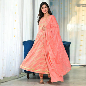 Peach Partywear Sequence Embroidered Cotton Anarkali Suit - Peachmode