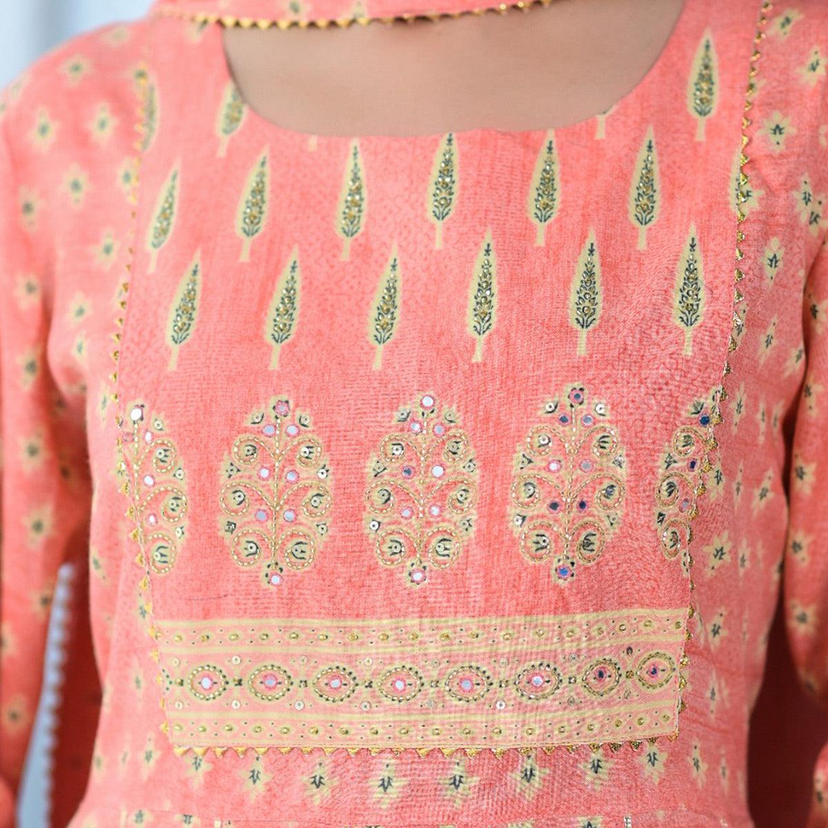 Peach Partywear Sequence Embroidered Cotton Anarkali Suit - Peachmode