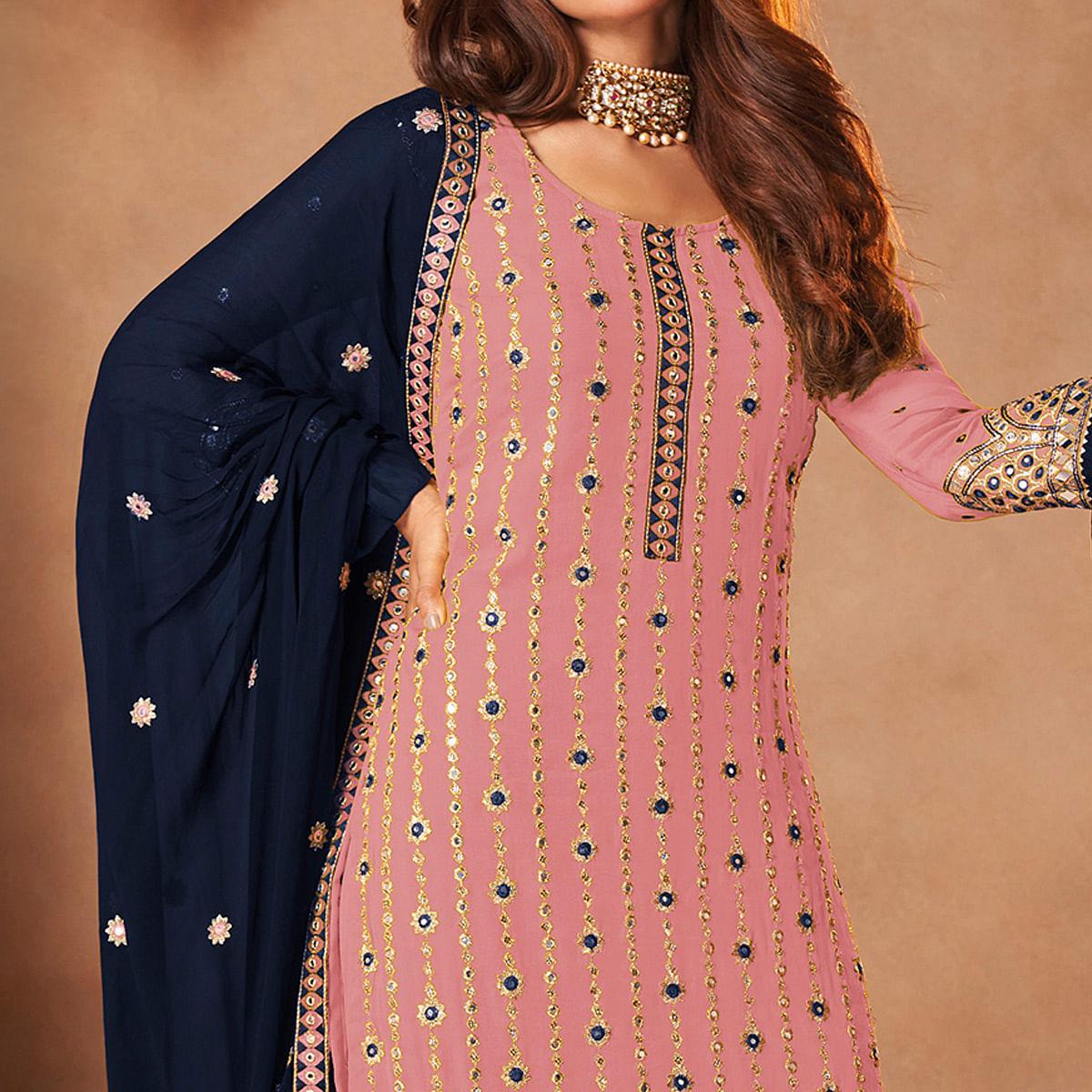 Peach Partywear Sequence Embroidered Georgette Palazzo Suit - Peachmode