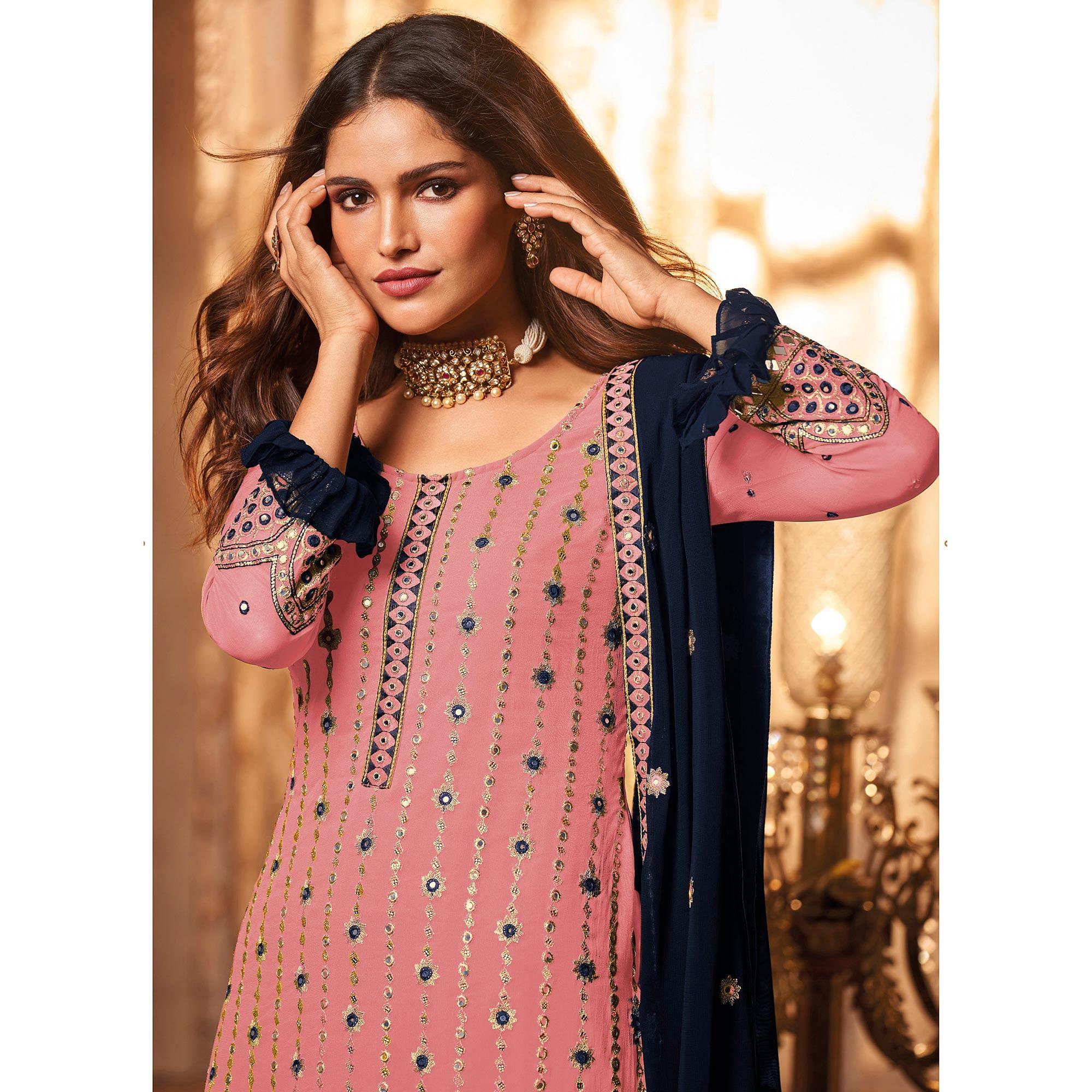 Peach Partywear Sequence Embroidered Georgette Palazzo Suit - Peachmode