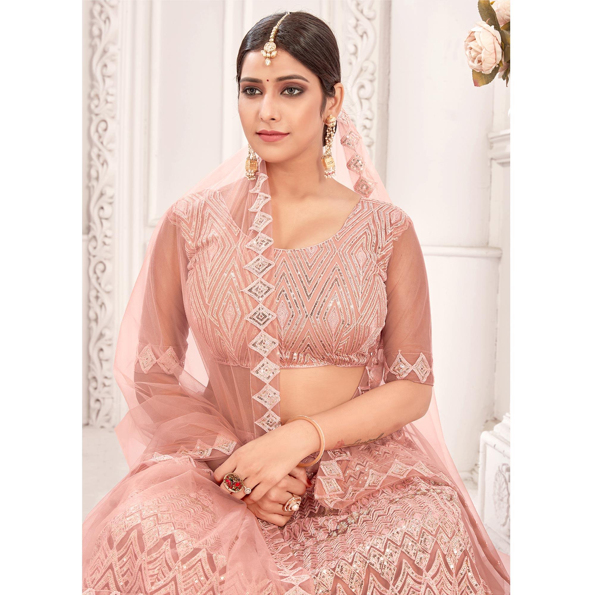 Peach Partywear Sequence Embroidered Net Lehenga Choli - Peachmode