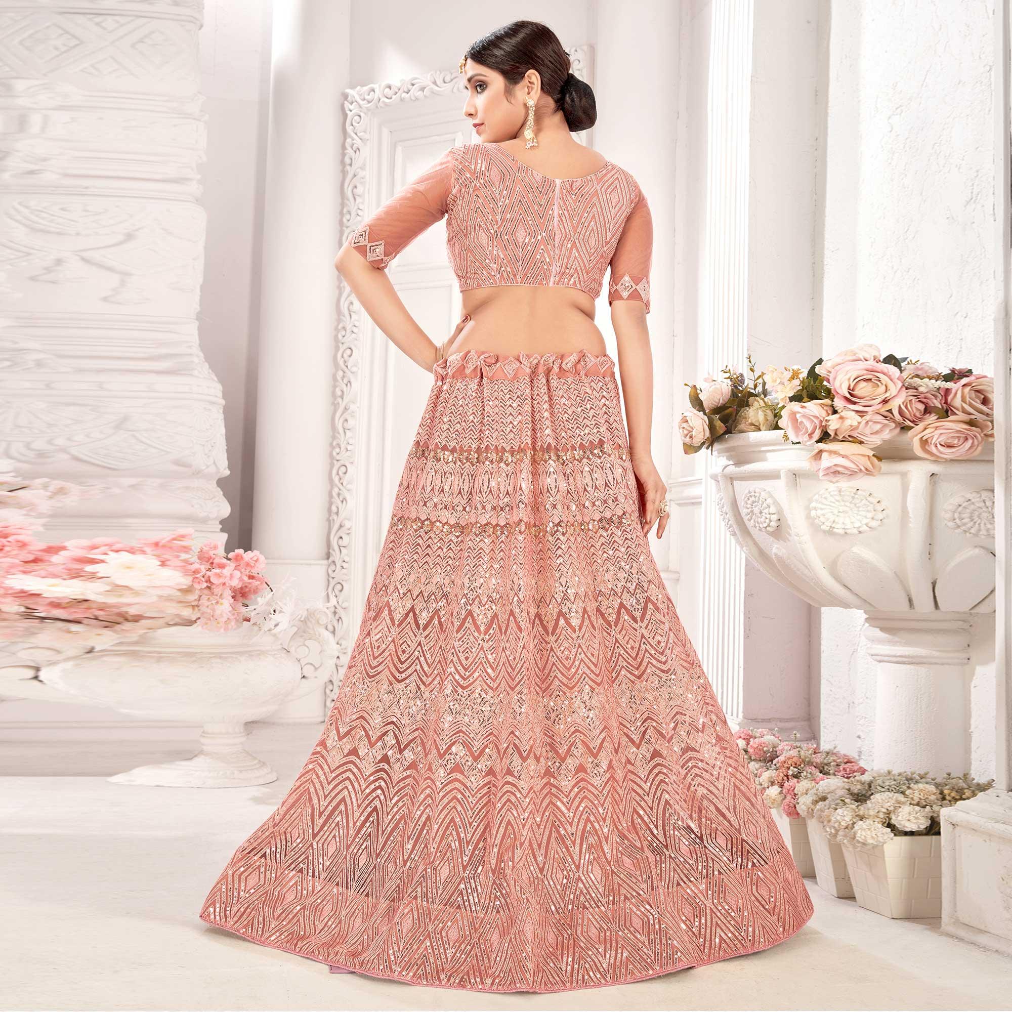 Peach Partywear Sequence Embroidered Net Lehenga Choli - Peachmode