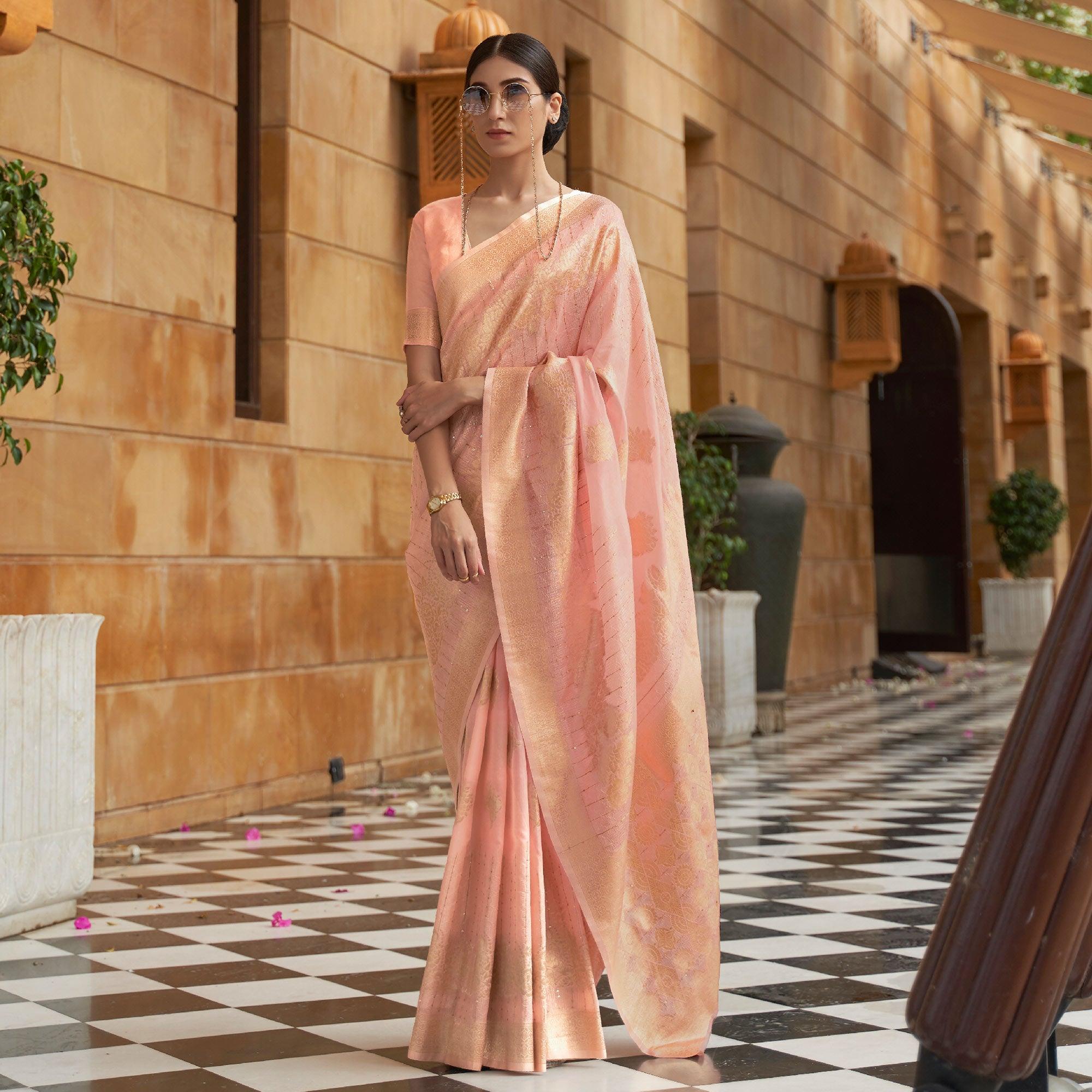 Peach Partywear Sequence Woven Chanderi Saree - Peachmode