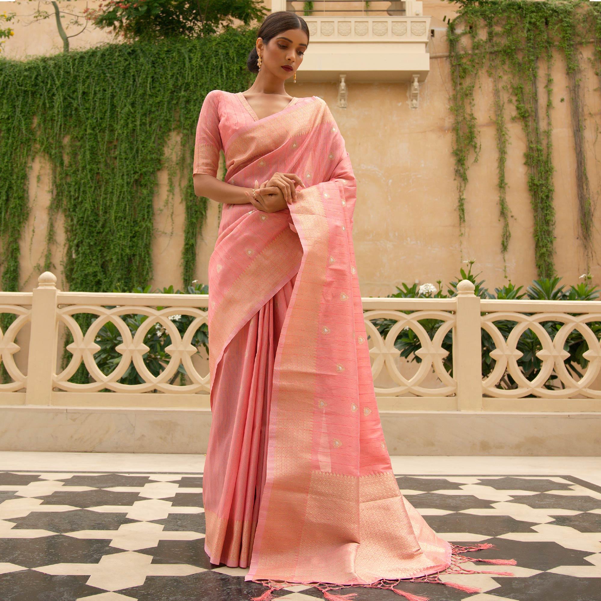 Peach Partywear Sequence Woven Silk Saree - Peachmode