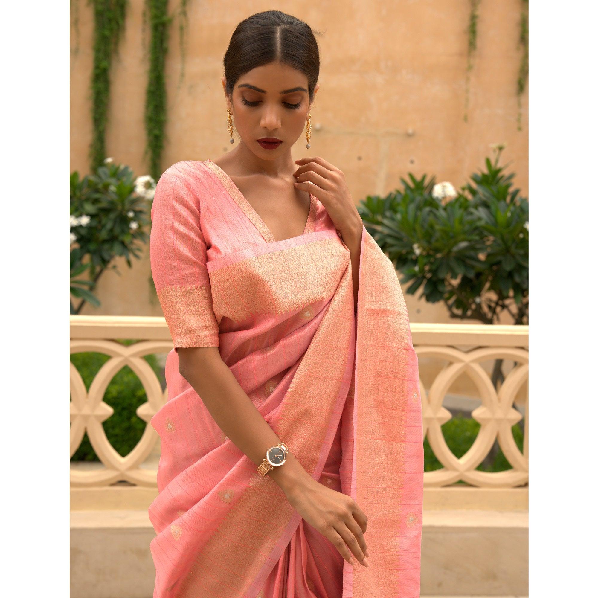 Peach Partywear Sequence Woven Silk Saree - Peachmode