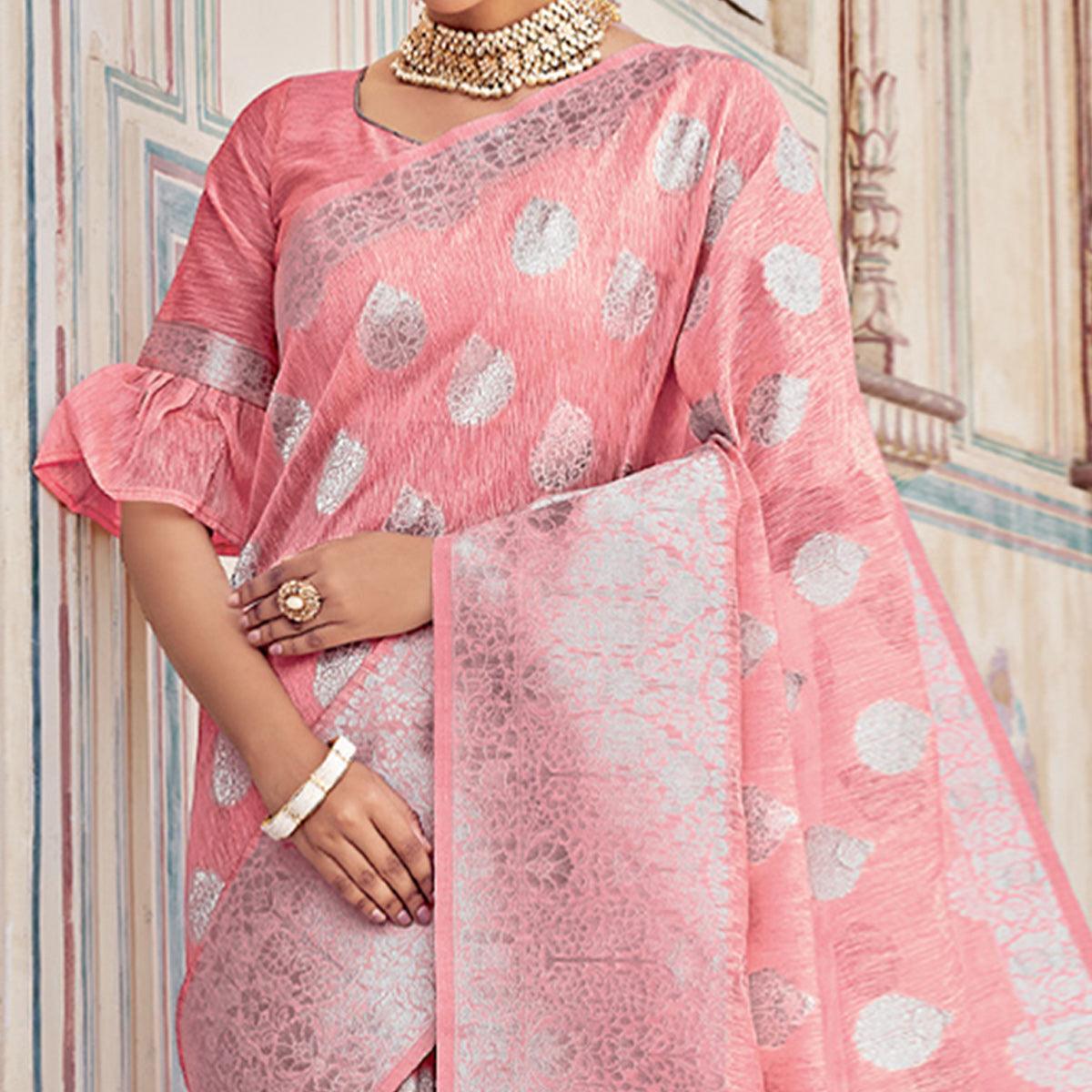 Peach Partywear Silver Zari Work Linen Saree - Peachmode