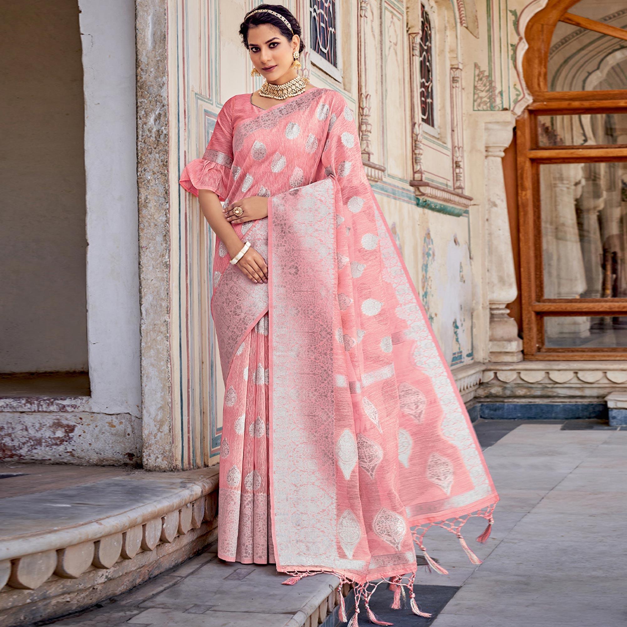 Peach Partywear Silver Zari Work Linen Saree - Peachmode