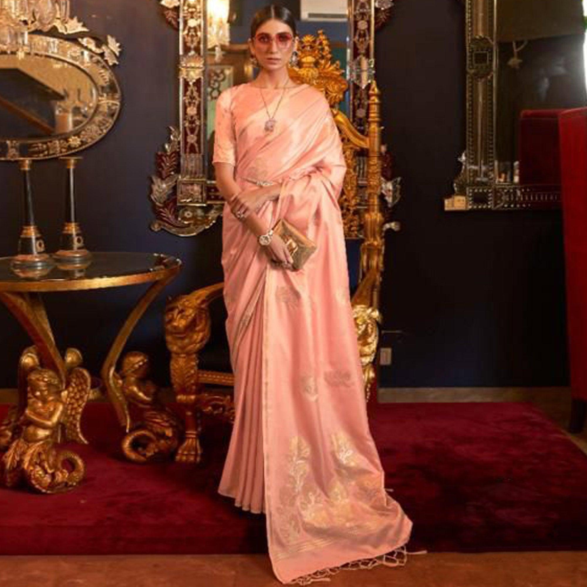 Peach Partywear Woven Satin Saree - Peachmode
