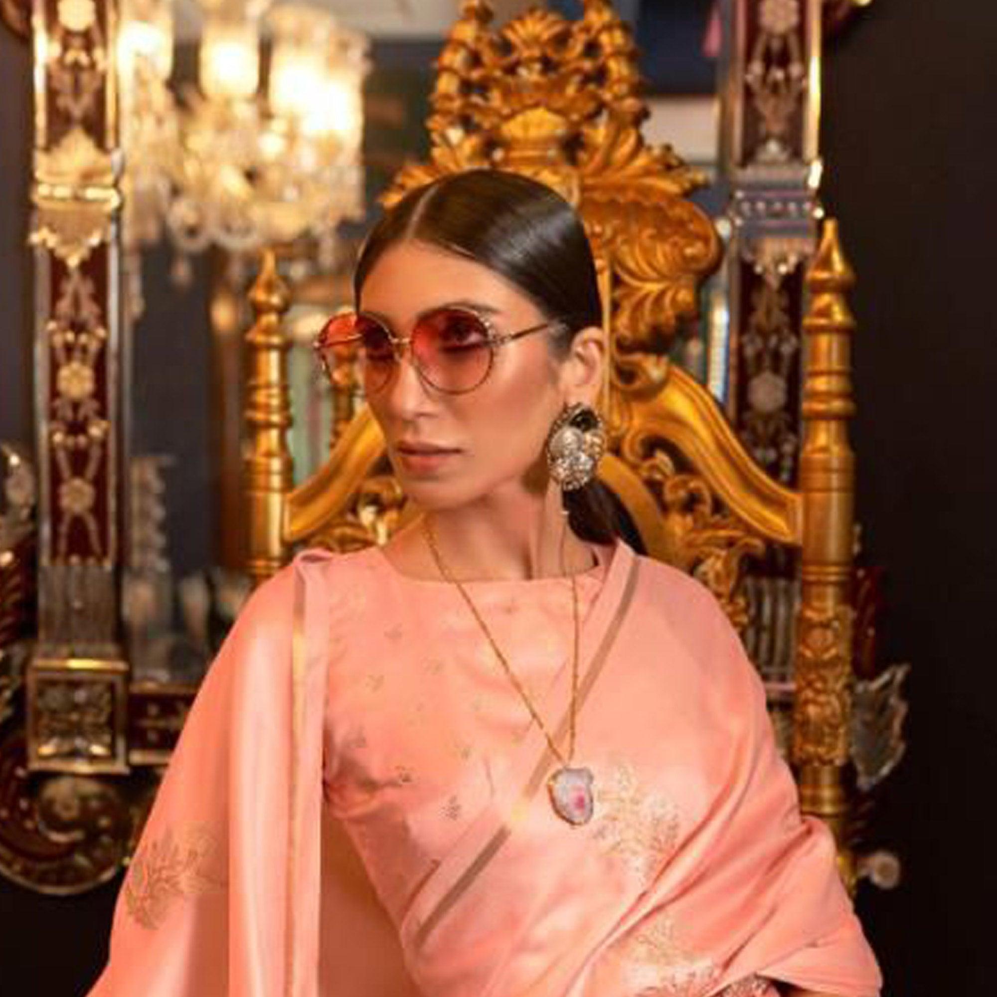 Peach Partywear Woven Satin Saree - Peachmode