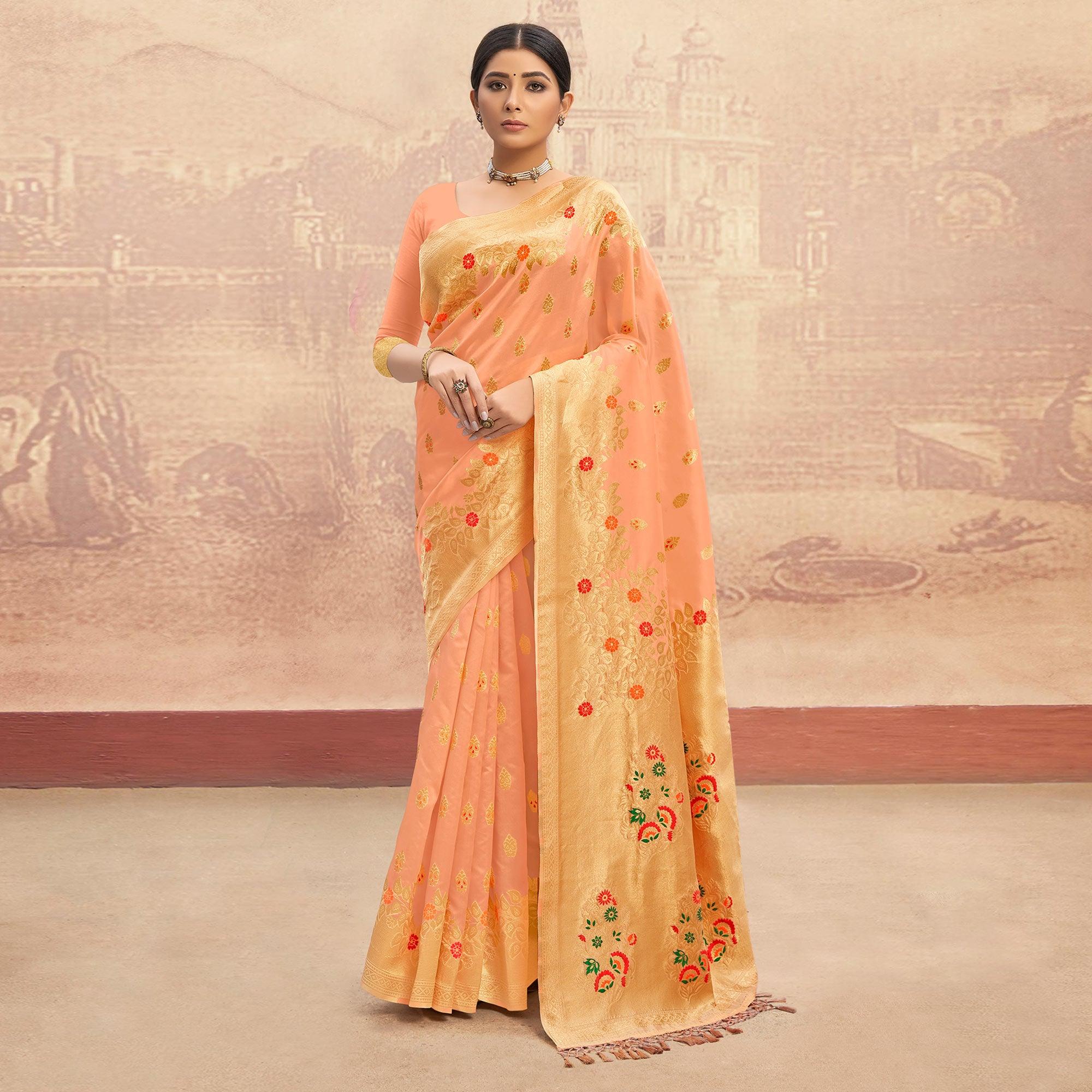Peach Partywear Woven Silk Saree - Peachmode