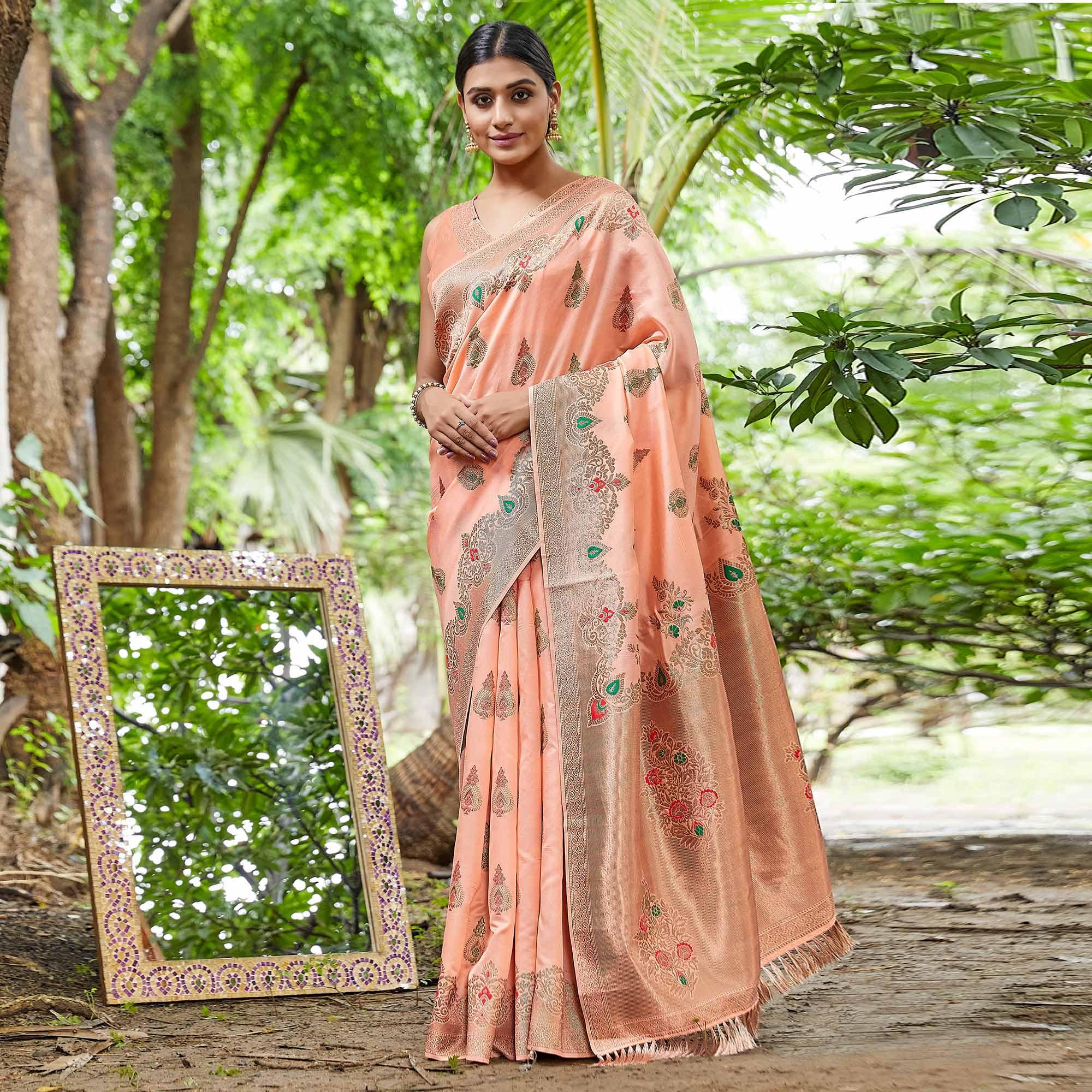 Peach Partywear Woven Silk Saree - Peachmode