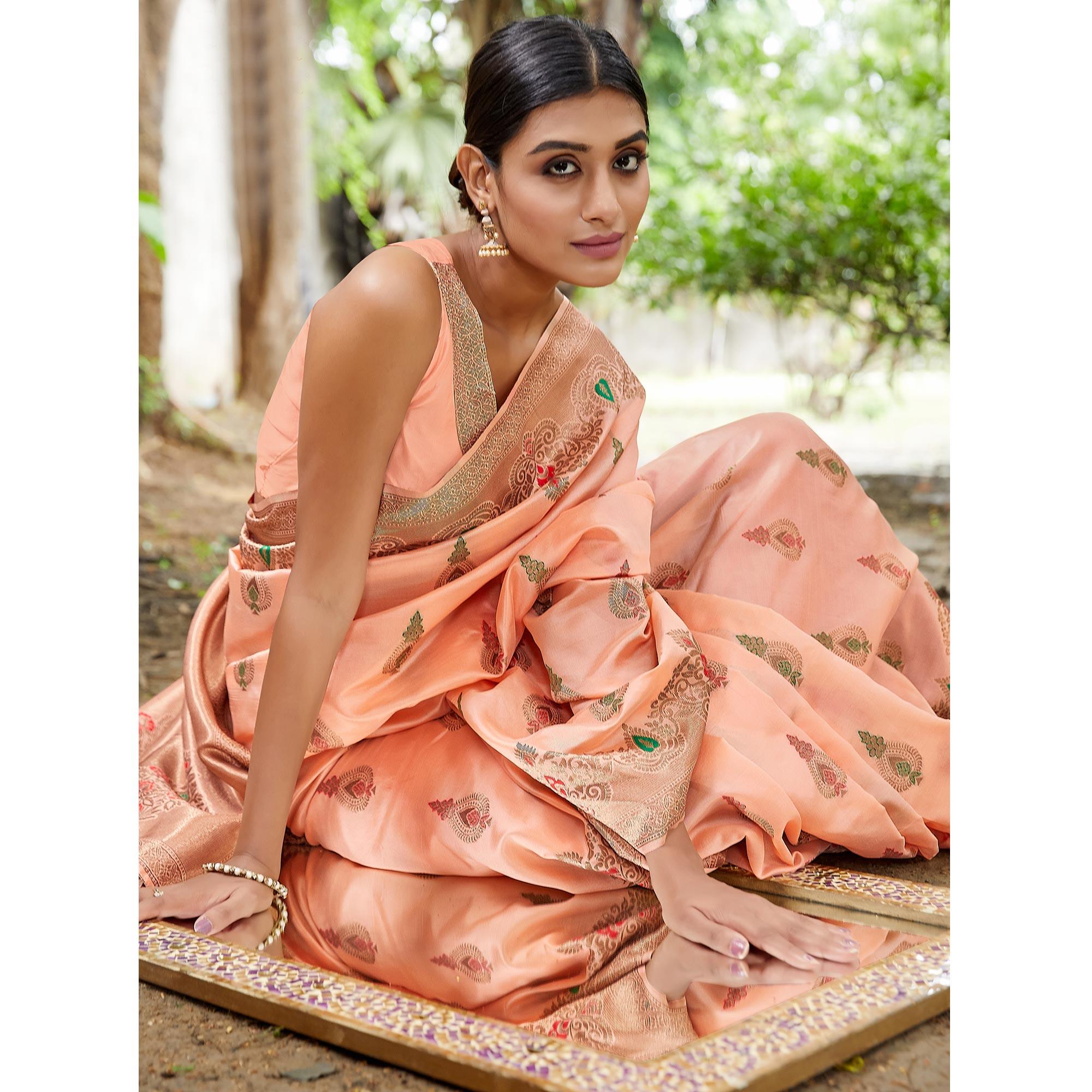 Peach Partywear Woven Silk Saree - Peachmode