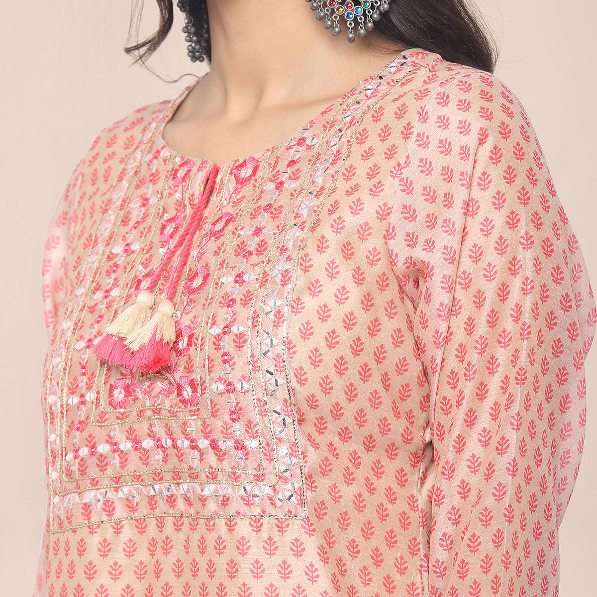 Peach Patywear Embroidered Muslin Kurti Pant Set With Dupatta - Peachmode