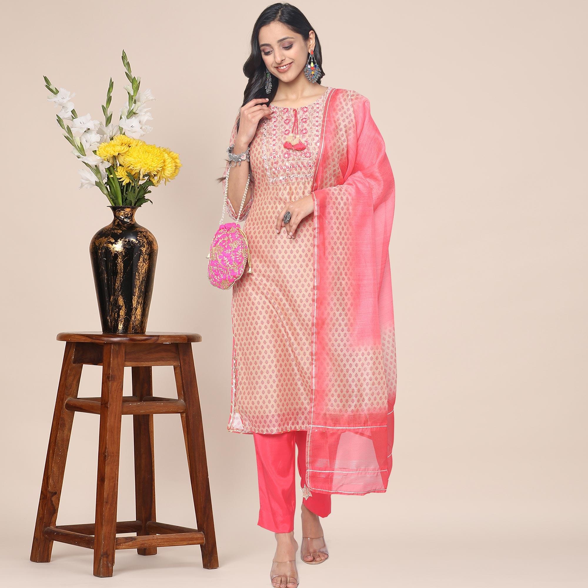 Peach Patywear Embroidered Muslin Kurti Pant Set With Dupatta - Peachmode
