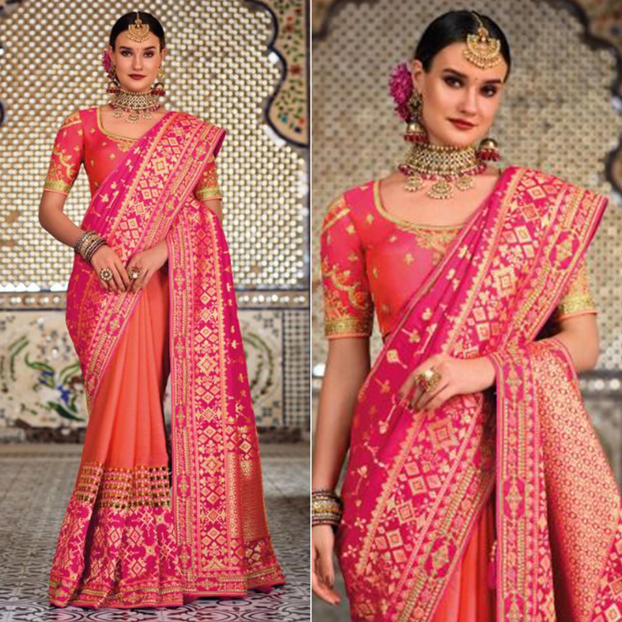 Peach-Pink Festive Wear Woven Banarasi Silk Half & Half Saree - Peachmode
