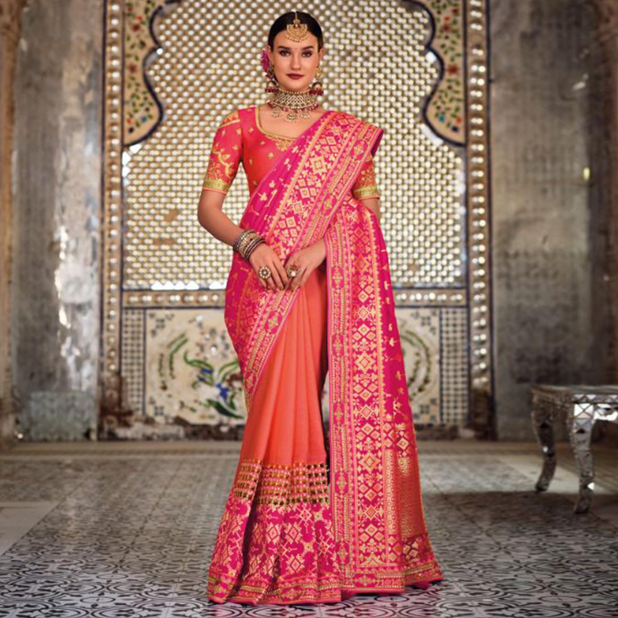 Peach-Pink Festive Wear Woven Banarasi Silk Half & Half Saree - Peachmode