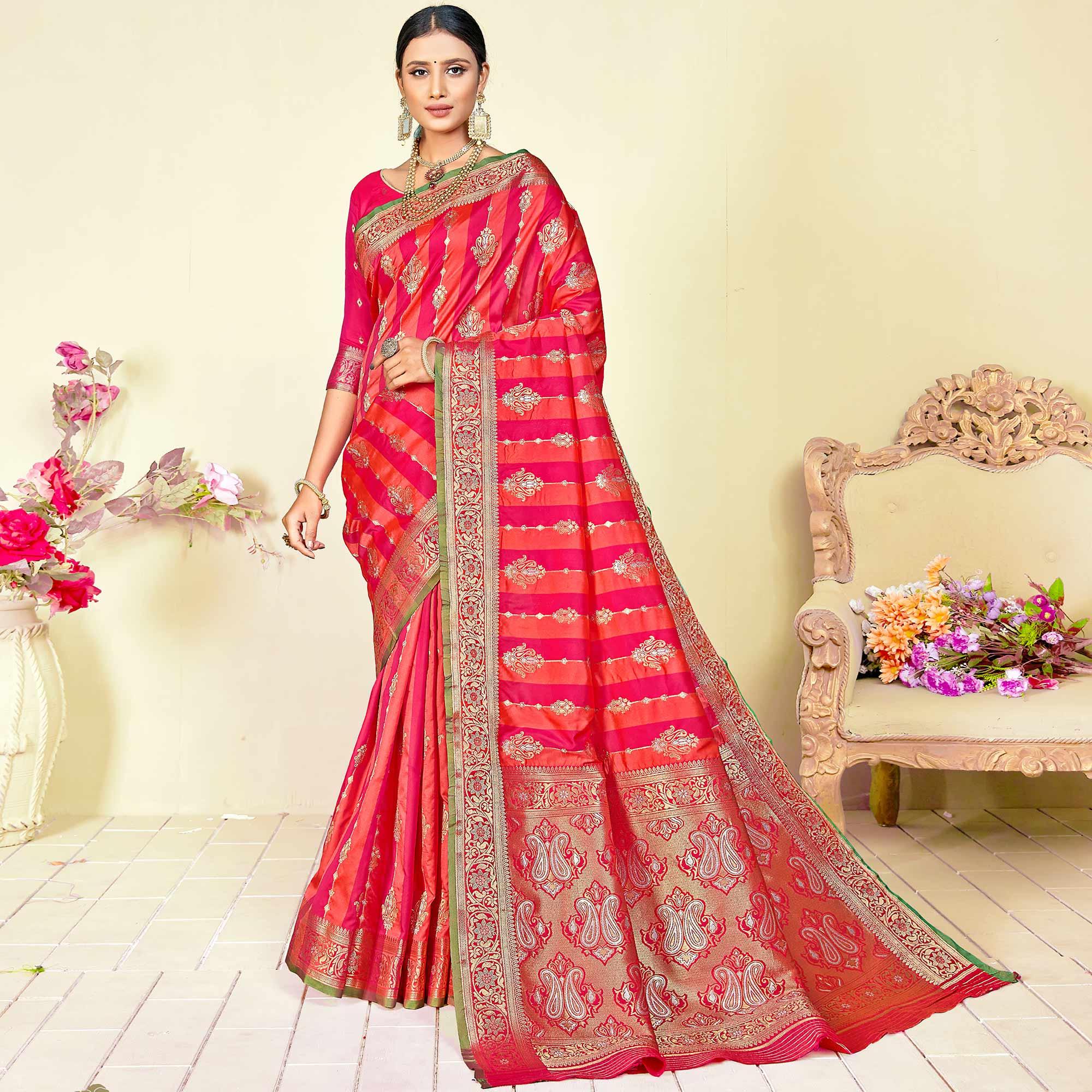 Peach - Pink Festive Wear Woven Handloom Paithani Silk Saree - Peachmode