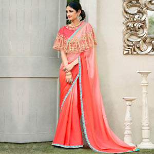 Peach-Pink Partywear Designer Embroidery Lace Border Cadbury Chiffon Saree - Peachmode