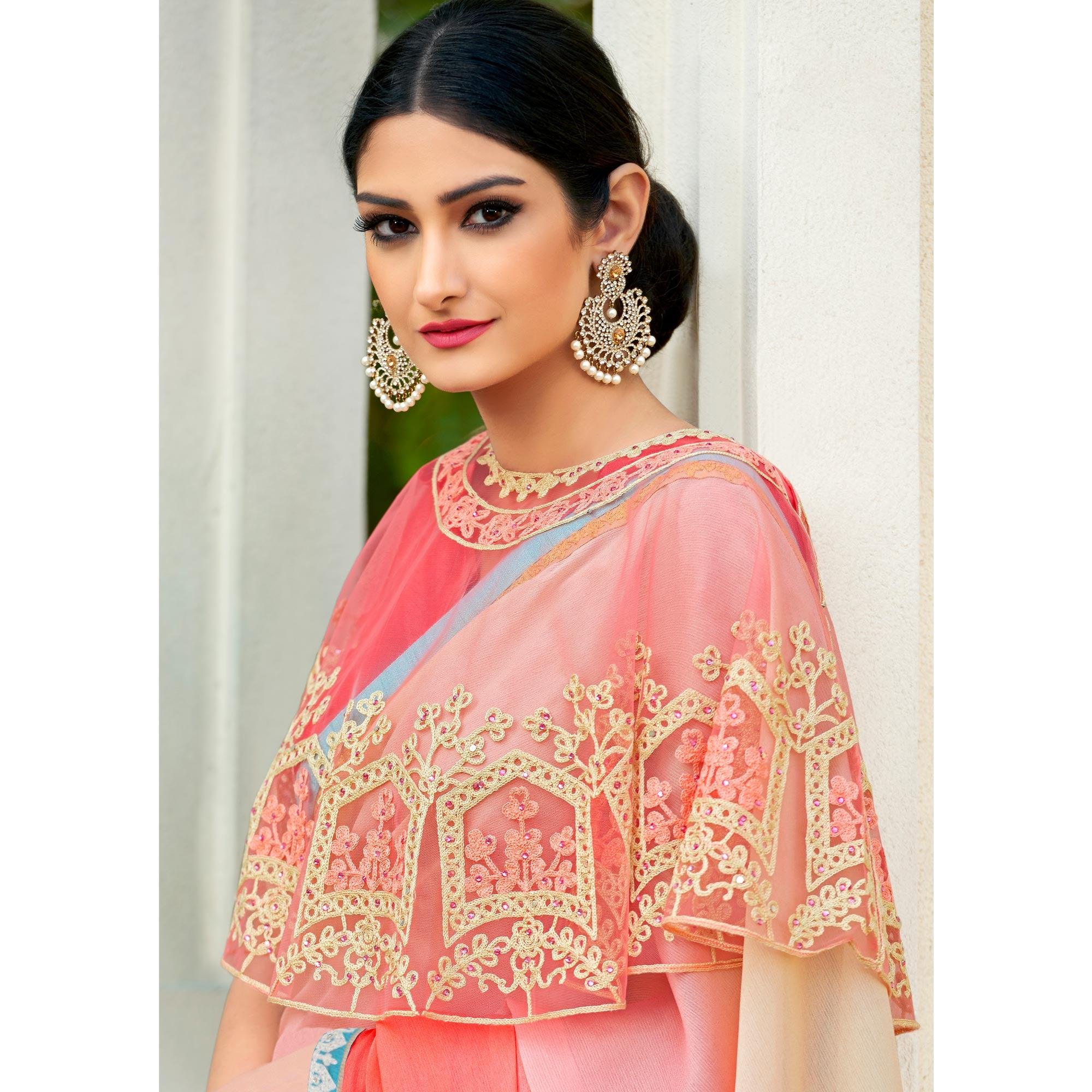 Peach-Pink Partywear Designer Embroidery Lace Border Cadbury Chiffon Saree - Peachmode