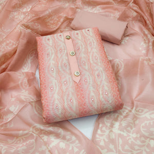 Peach Printed & Mirror Work Chanderi Dress Material - Peachmode