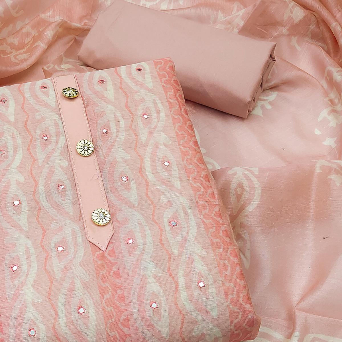 Peach Printed & Mirror Work Chanderi Dress Material - Peachmode