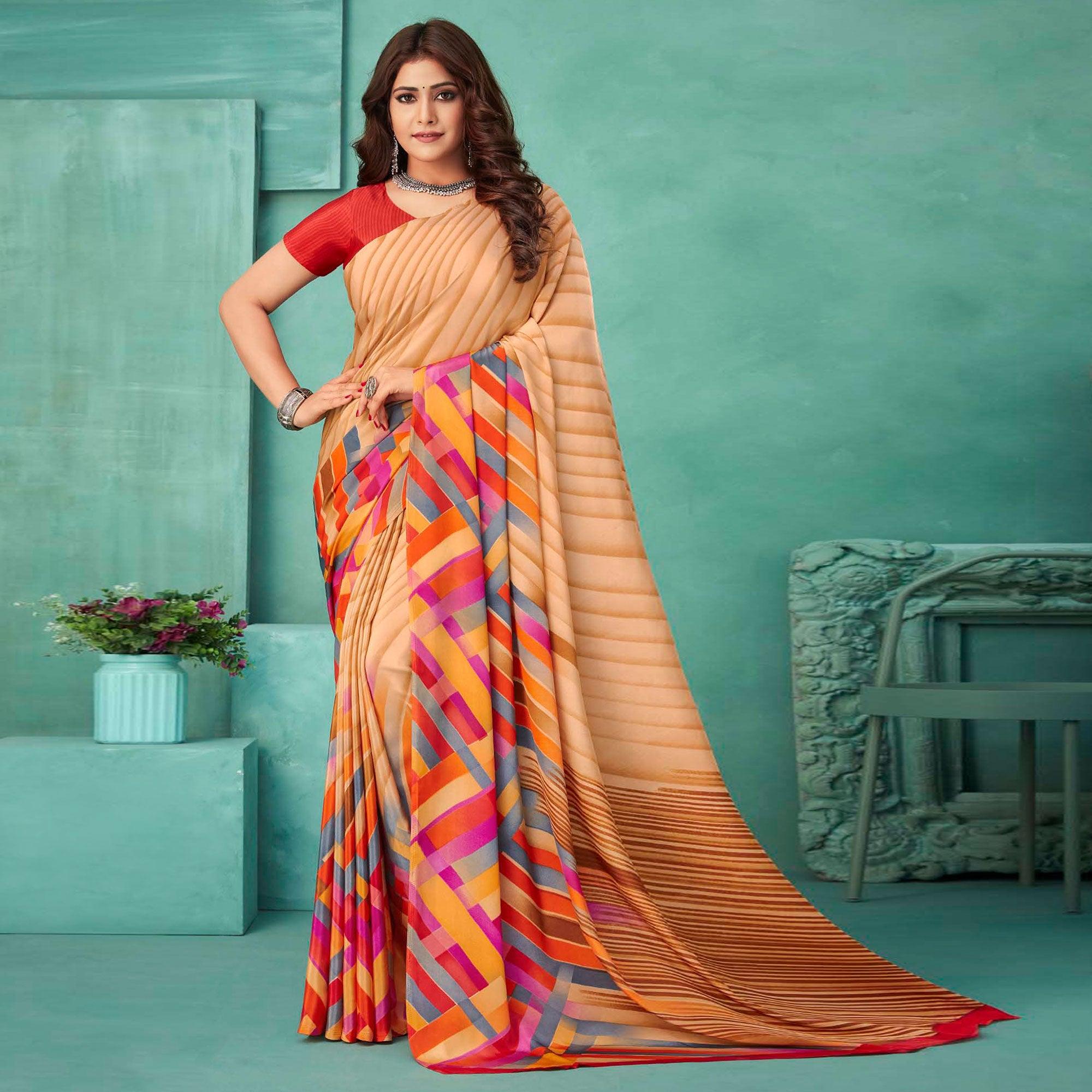Peach Printed Crepe Saree - Peachmode