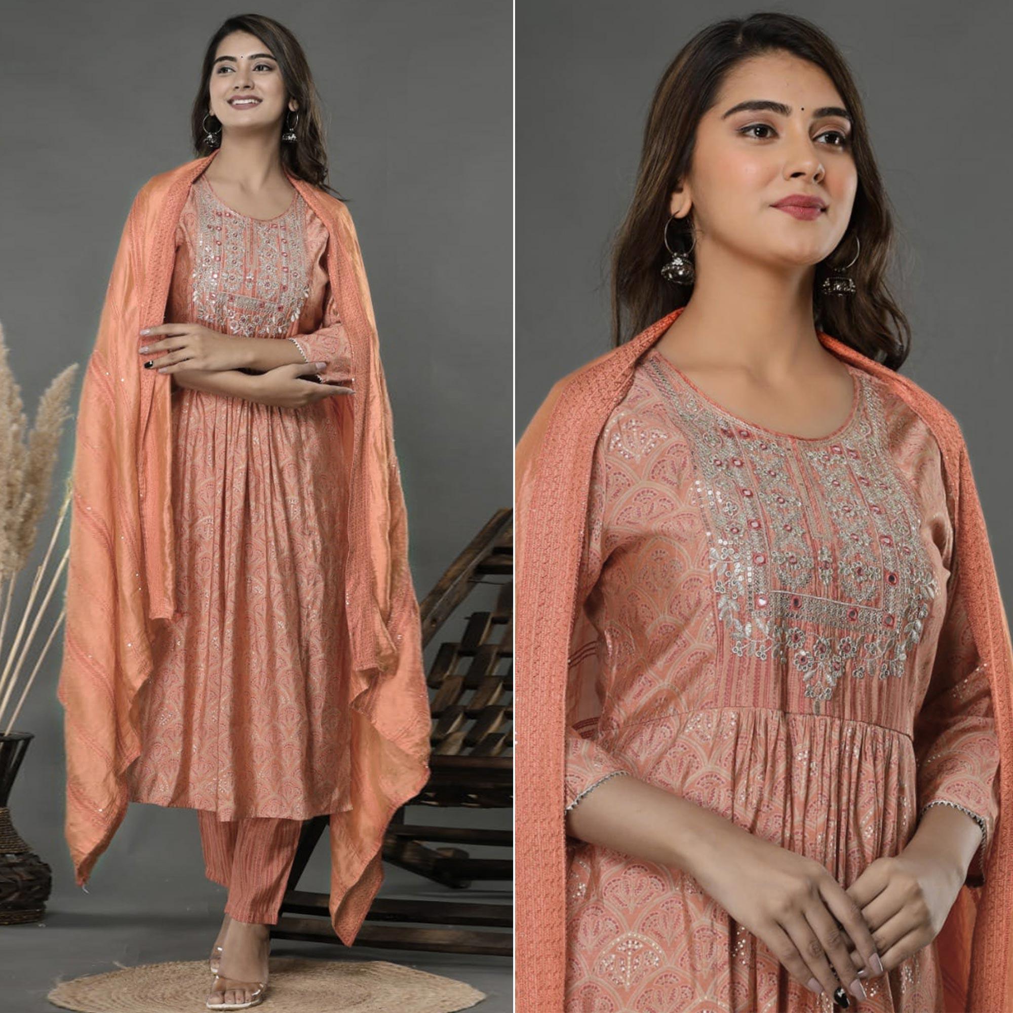 Peach Printed-Embroidered Muslin Anarkali Suit - Peachmode