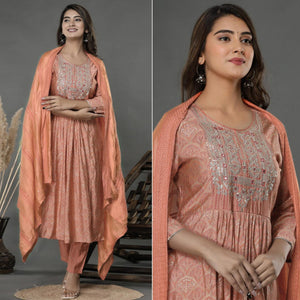 Peach Printed-Embroidered Muslin Anarkali Suit - Peachmode