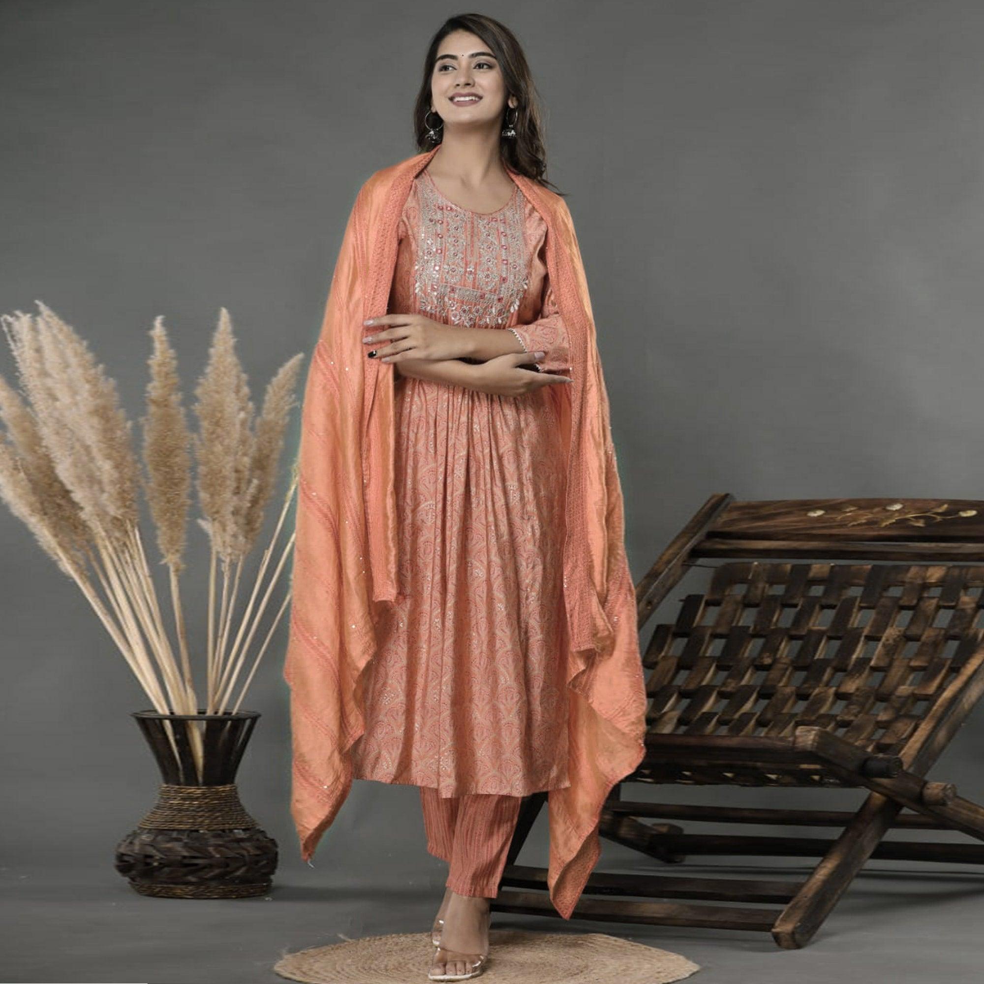 Peach Printed-Embroidered Muslin Anarkali Suit - Peachmode