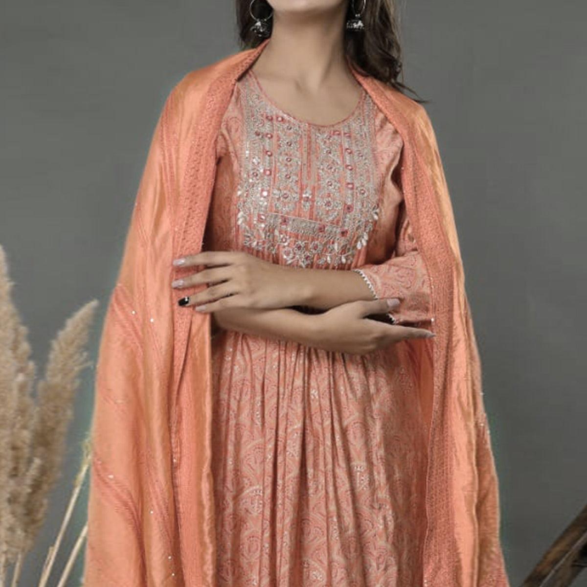 Peach Printed-Embroidered Muslin Anarkali Suit - Peachmode