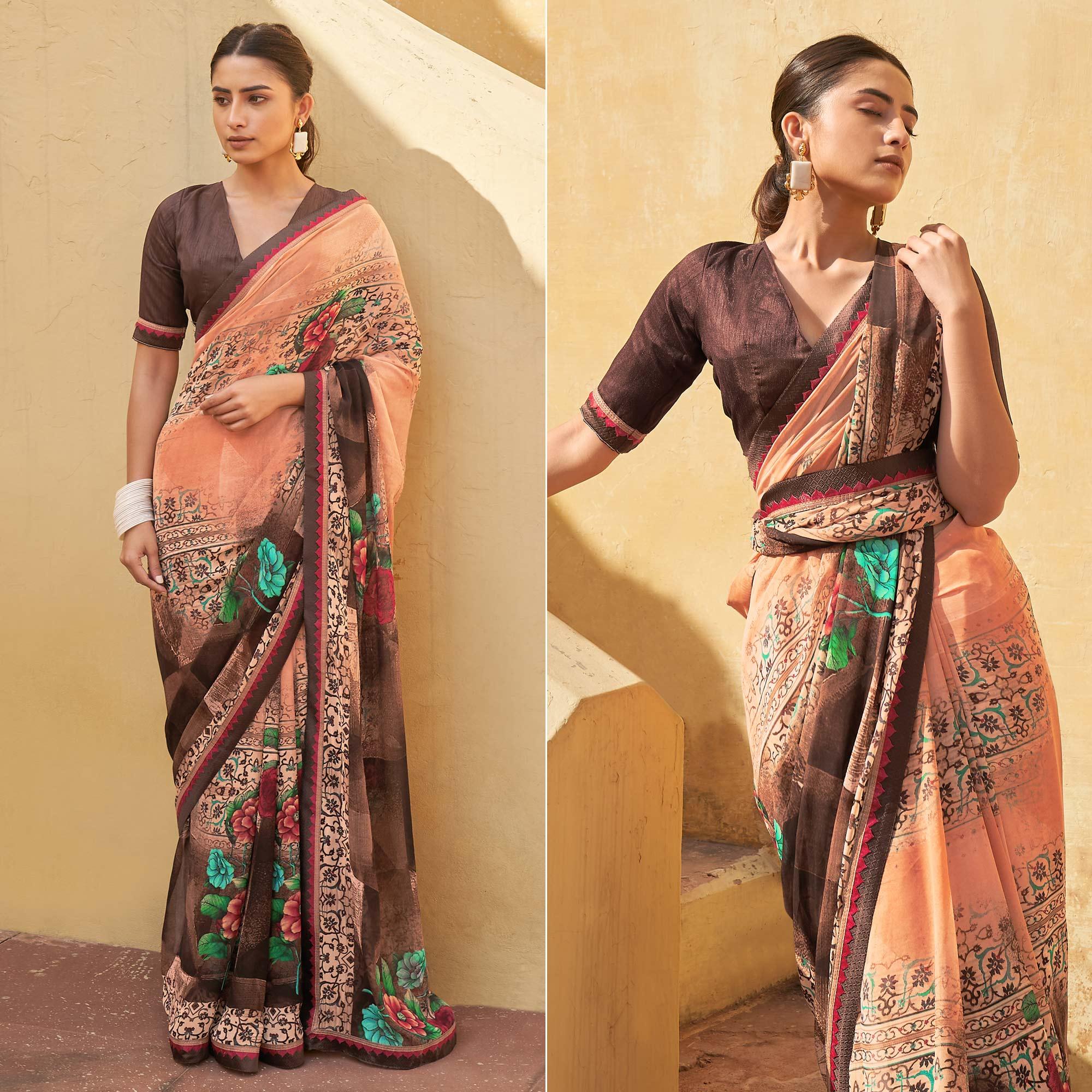 Peach Printed Georgette Saree - Peachmode