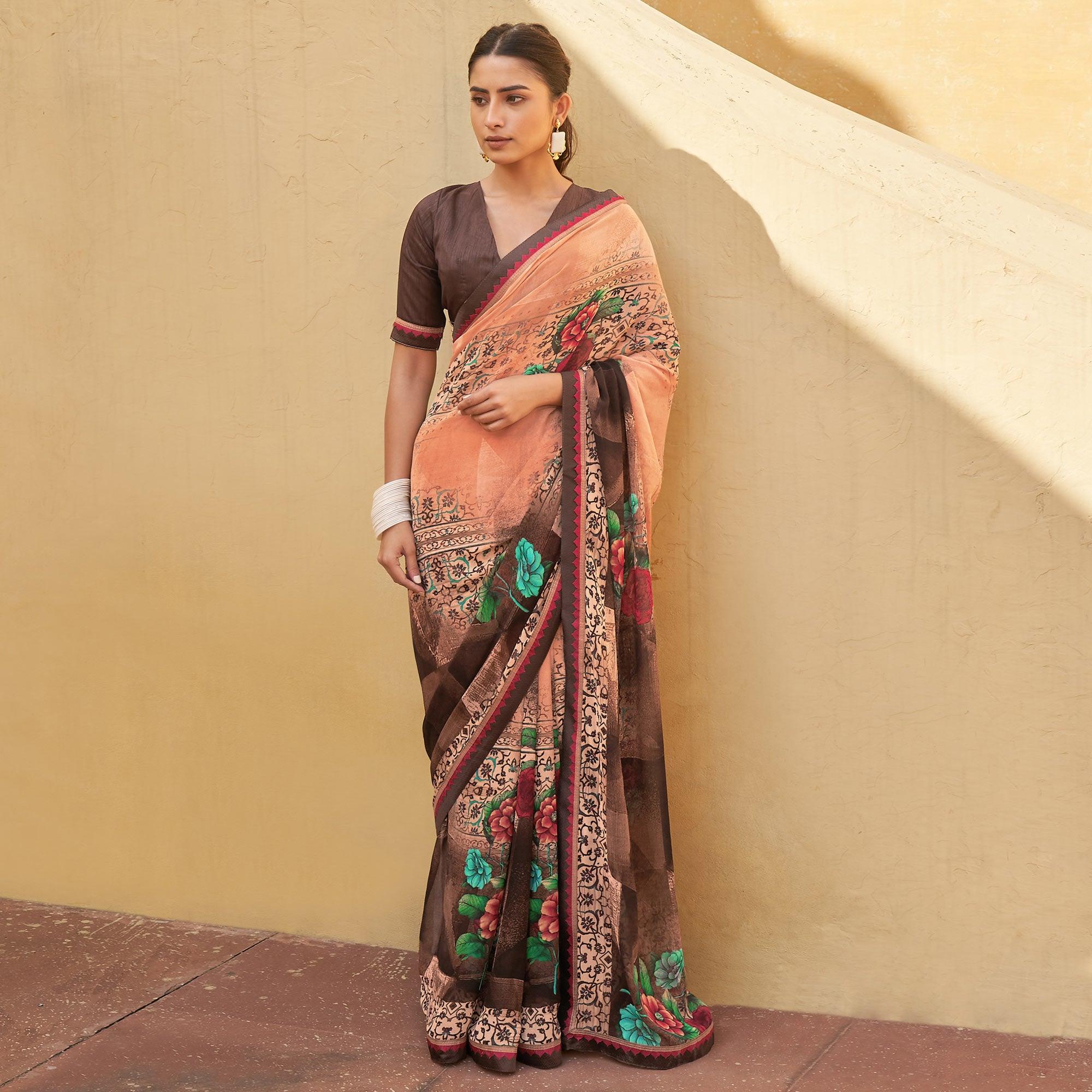 Peach Printed Georgette Saree - Peachmode