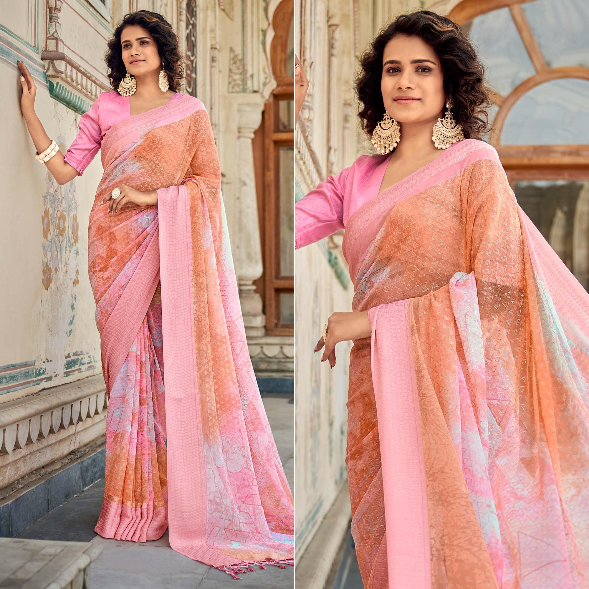 Peach Printed Georgette Saree With Tassels - Peachmode