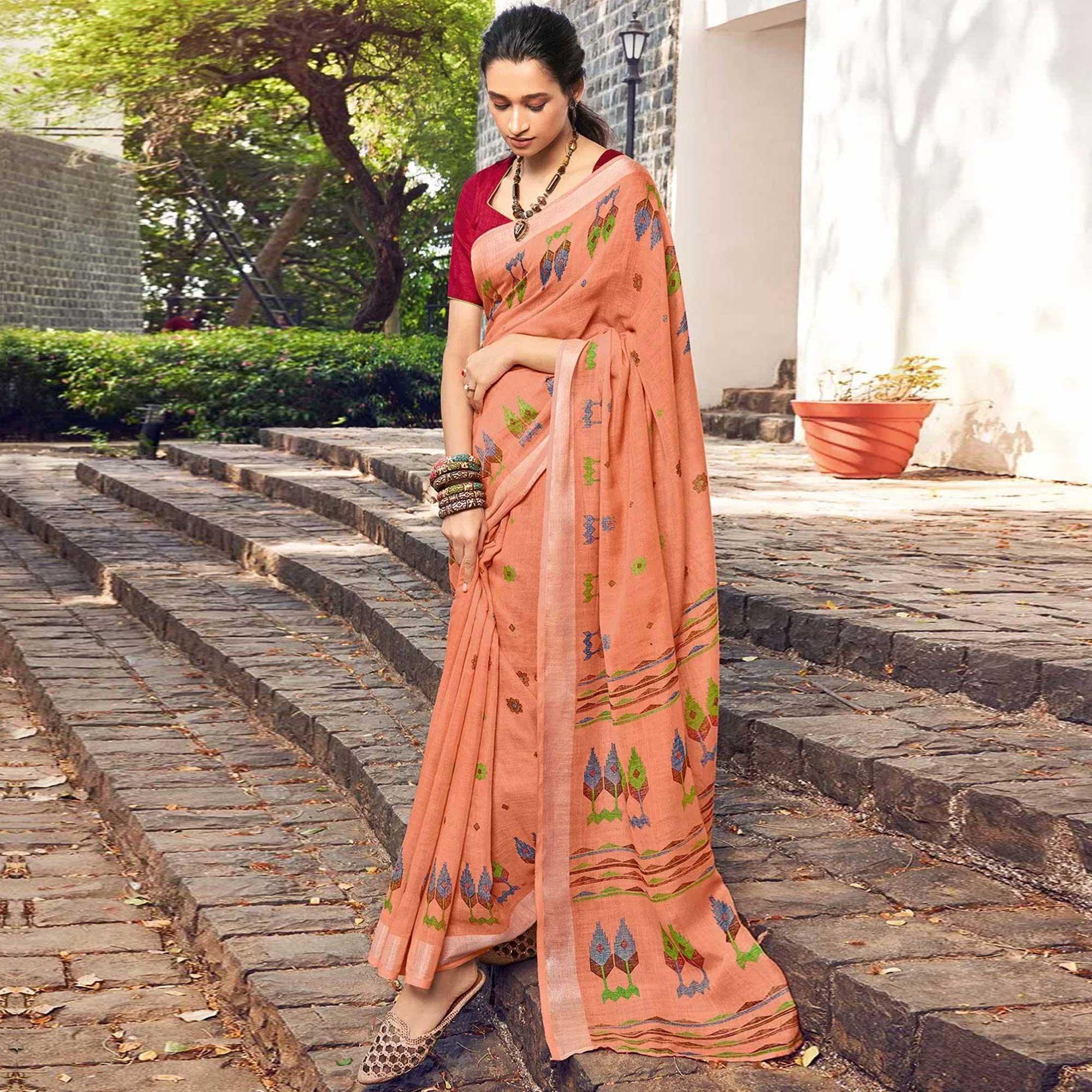 Peach Printed Linen Saree - Peachmode